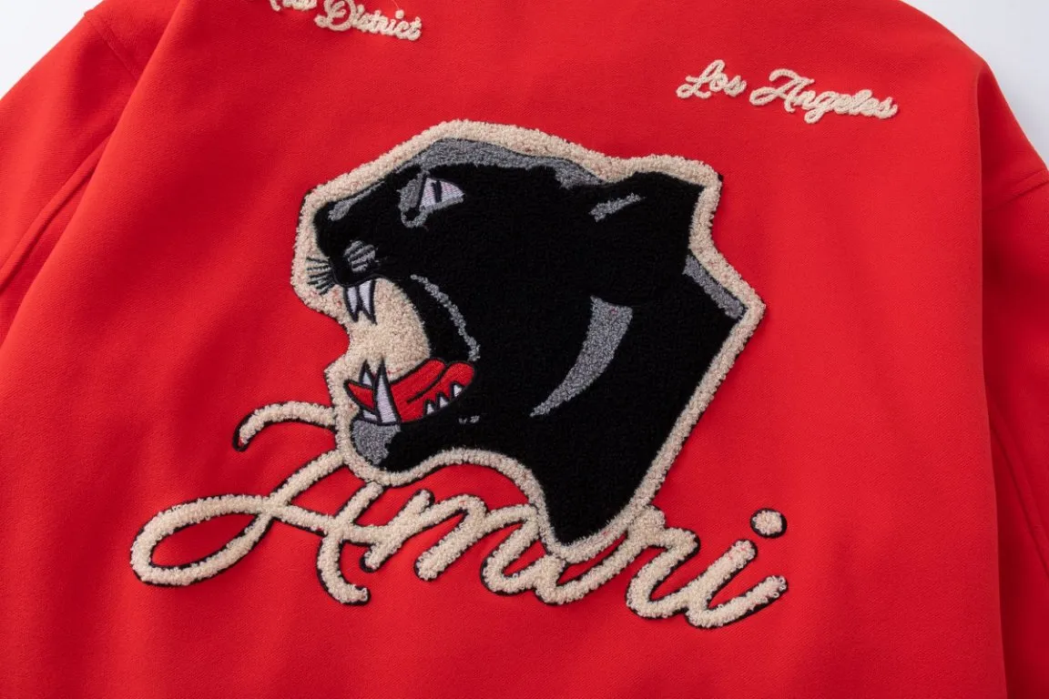 7185#P456, AMIRI leopard head towel embroidered logo, color: Chinese red, size: S M L XL
