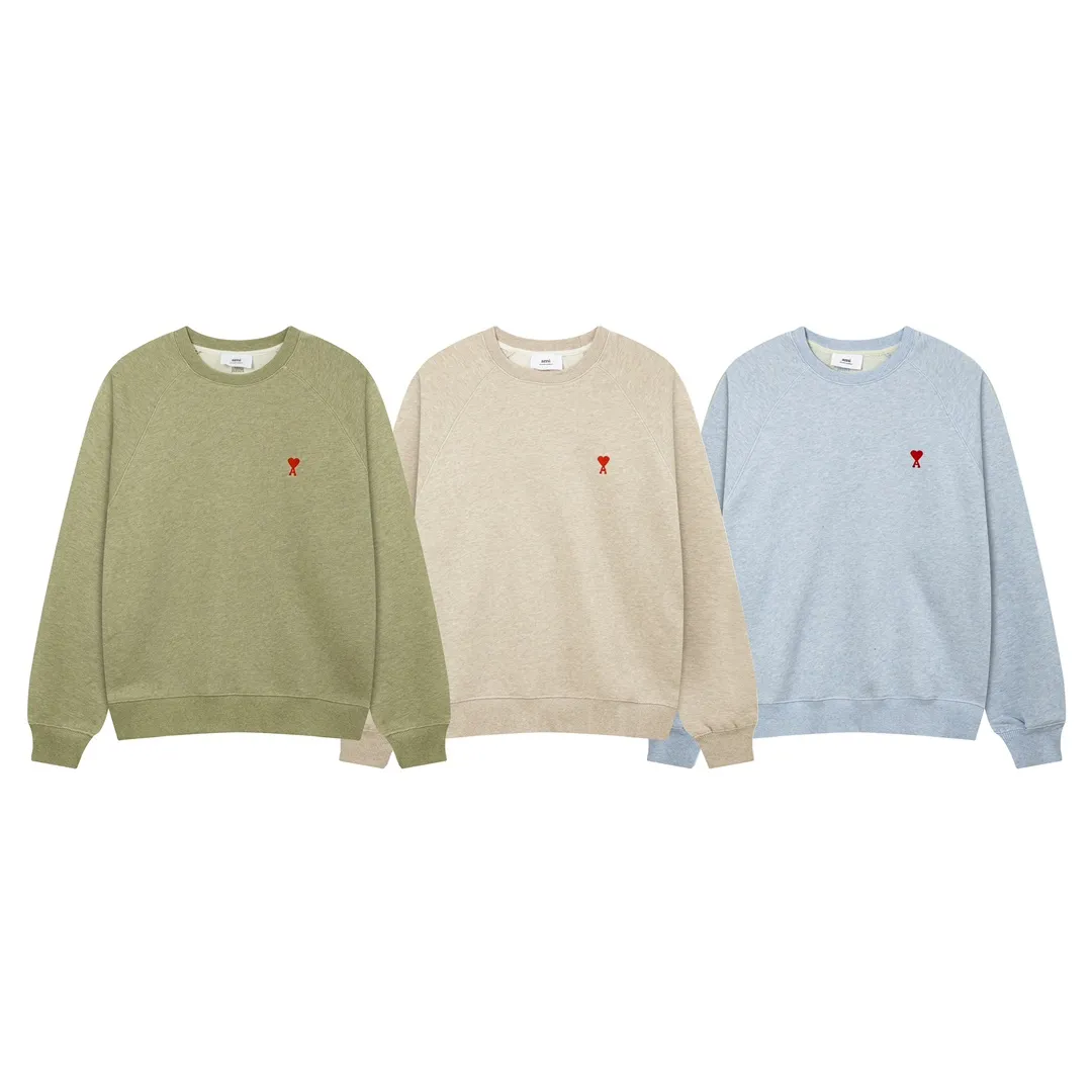 653# AMI Paris 2024 new autumn and winter new colors small love raglan round neck sweatshirt Floral series original fabric custom-made 420g pure cotton fabric same style for men and women Color: sand green floral blue oatmeal code number: S-XL