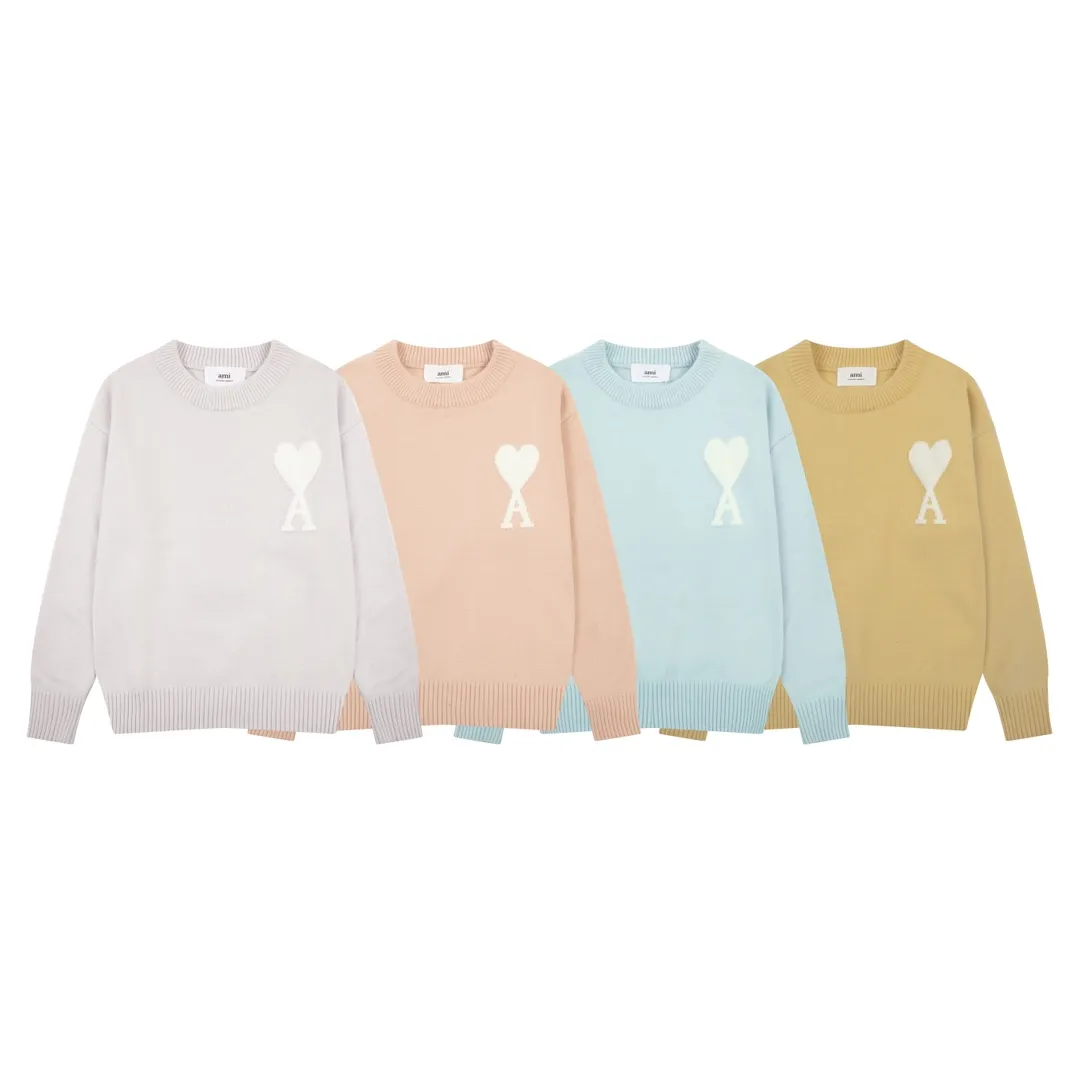 A8143# AMI Paris 2023 new autumn and winter big love alpaca blended soft and waxy knitted round neck cloud sweater Oversize version for men and women Color: blue yellow pink purple gray Size: S-XL