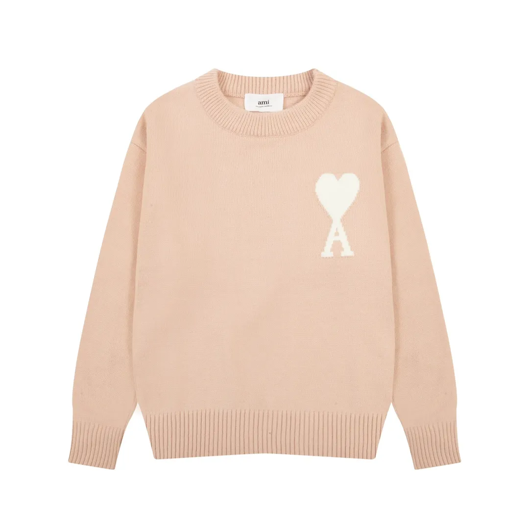 A8143# AMI Paris 2023 new autumn and winter big love alpaca blended soft and waxy knitted round neck cloud sweater Oversize version for men and women Color: blue yellow pink purple gray Size: S-XL