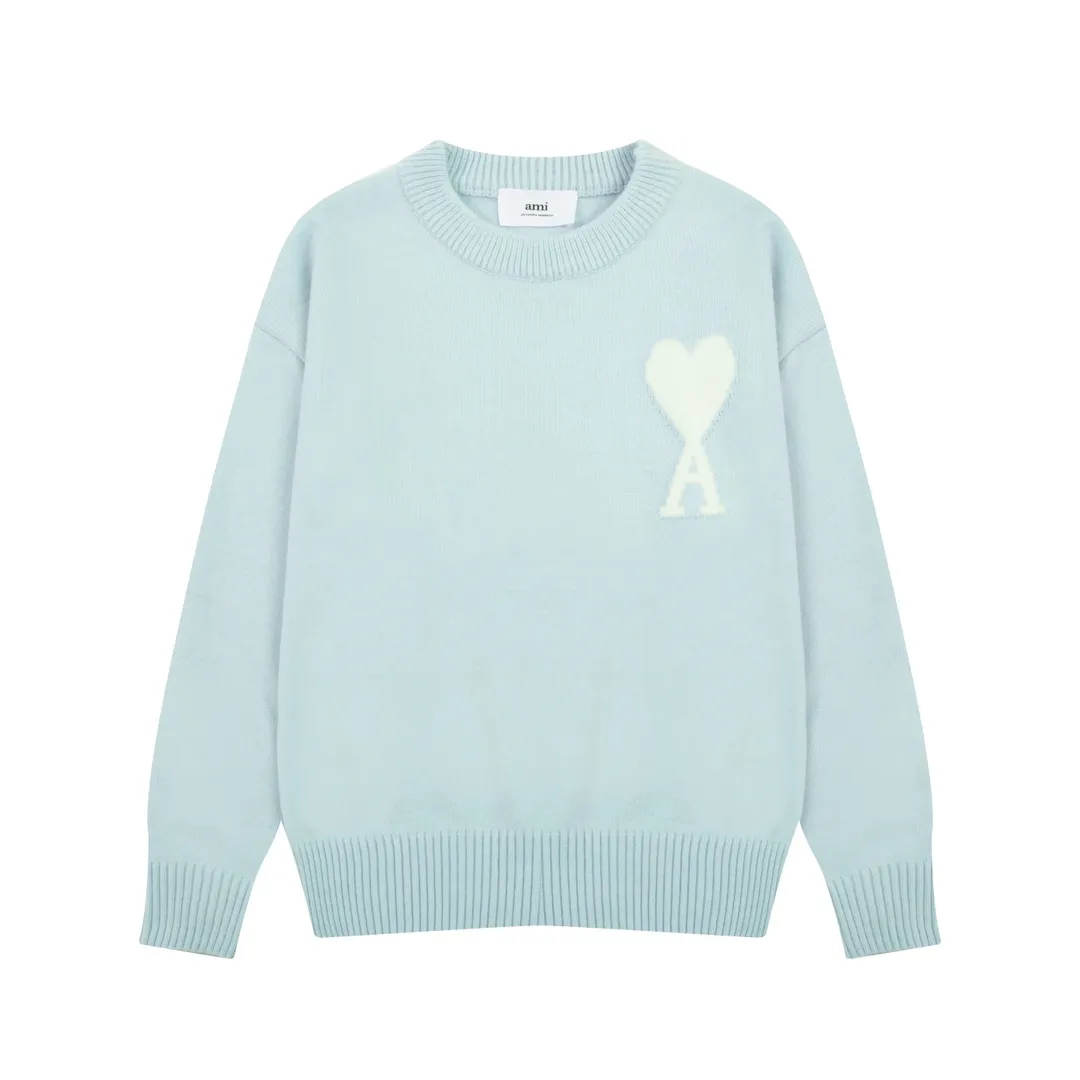 A8143# AMI Paris 2023 new autumn and winter big love alpaca blended soft and waxy knitted round neck cloud sweater Oversize version for men and women Color: blue yellow pink purple gray Size: S-XL