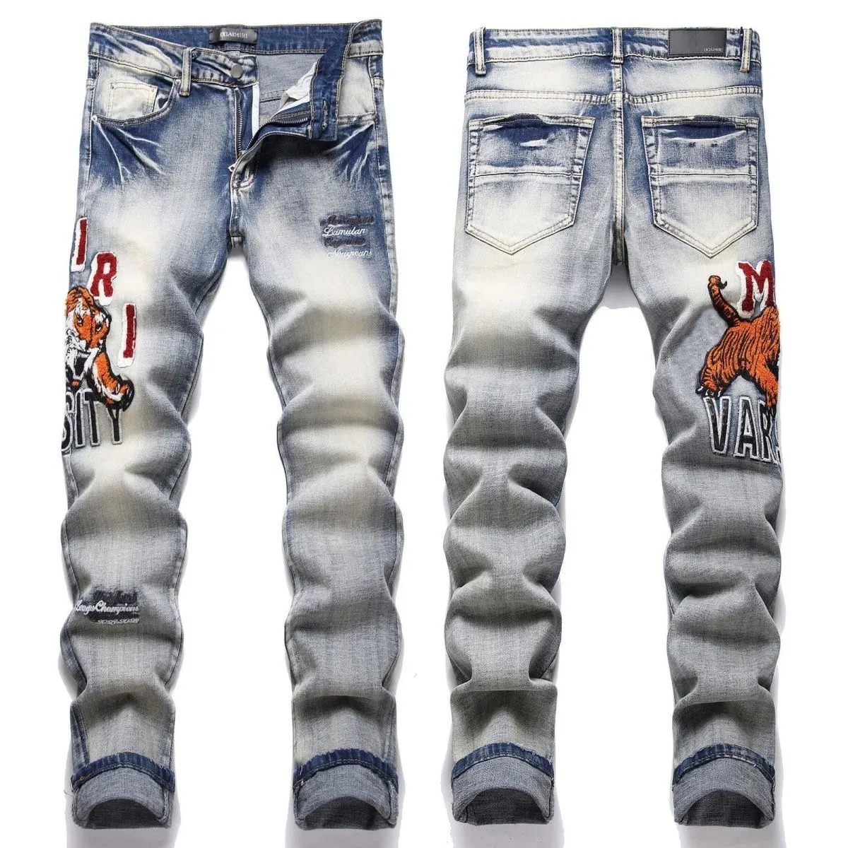 #M15 P168💰 Heavy AMIRI 24ss Embroidery Tiger🐯 High Street Jeans Slim Fit Stretch Washed Knife Cut Hole Trousers FOG High Street Men's Fashion AMIRI amiri is transliterated as Emil, which is the name of the founder. Mike Amiri, the founder of amiri, grew up in Los Angeles, USA, and was influenced by local street culture and Punk Rock since he was a child. Due to his influence, he founded the amiri brand named after himself. A variety of trendy clothing meets the needs of different fashion players. Amiri clothing has novel and unique styles and is a well-known street brand in the United States. The styles and styles of many clothes are loved by many street photographers. The various clothing styles meet the dressing needs of different people, show their unique temperament, and show the trend of dressing. amiri's jeans are relatively famous. Not only do they have many styles, but the quality of the jeans is also very good. Many celebrities have also worn amiri brand jeans. Color: Picture color Size: 30-32-34-36