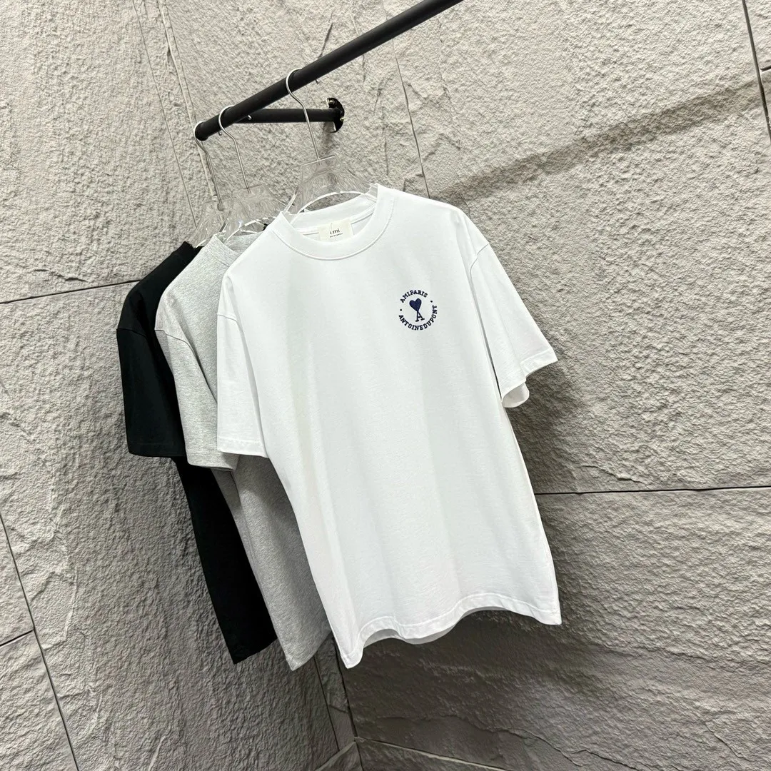 🅿️180 Ami* 2025 Spring and Summer New Style Embroidered Circle Little Love Customized Double Yarn Plain Cotton Fabric Short Sleeve T-shirt Uniform for Men and Women Color: Black White Size: S (90-130kg) M (120-150kg) L (140-165kg) XL (160-180kg) XXL (180-210kg)