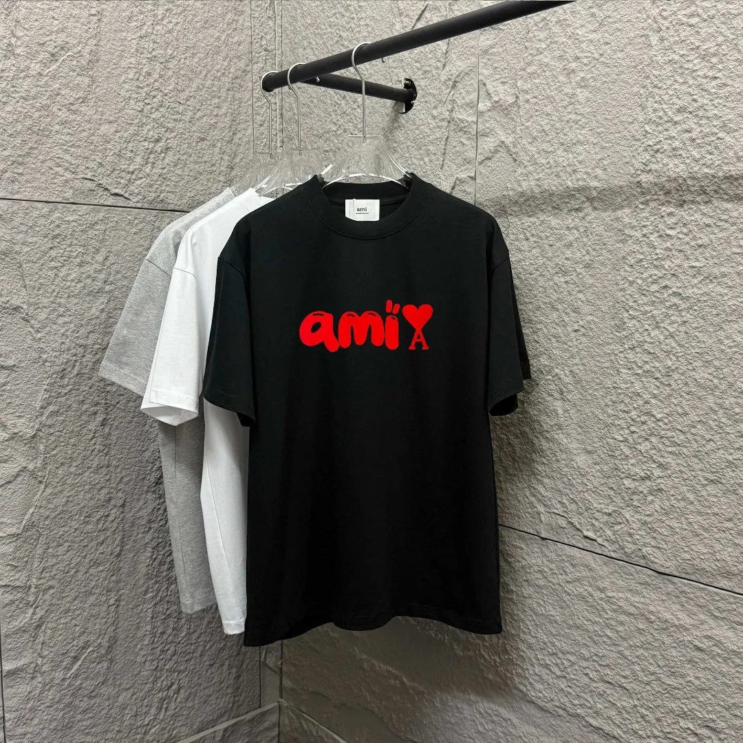 🅿️180 Ami Love 2025 Spring and Summer Style Classic and simple red flocking three-dimensional love letter personalized logo Customized double yarn plain cotton fabric Short-sleeved T-shirt Unisex Color: Black White Size: S (90-130 catties) M (120-150 catties) L (140-165 catties) XL (160-180 catties) XXL (180-210 pounds)