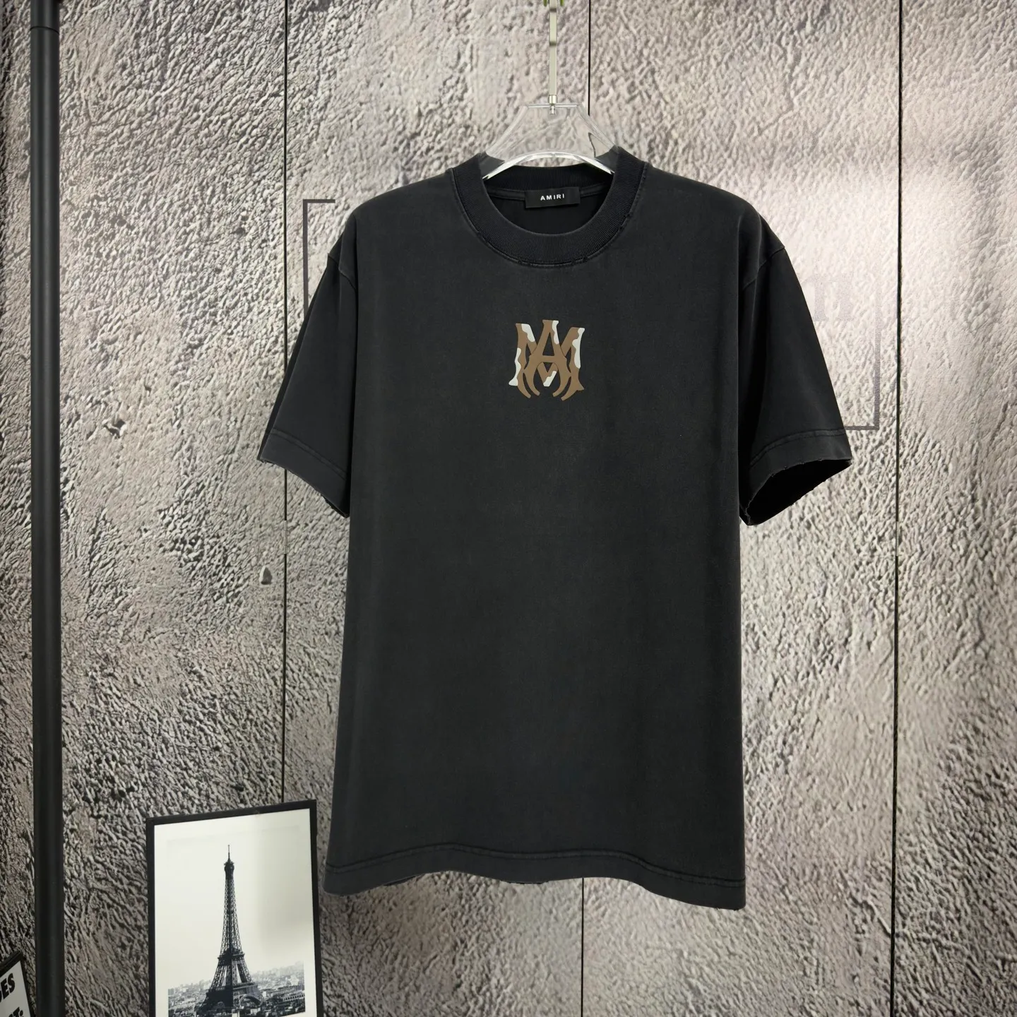 P170 𝙉𝙚𝙬⚜️AMl Amy》 2026 spring and summer new short-sleeved T-shirt, heavyweight pure cotton, washed and distressed, flocked and foamed letter personalized style Color: White Gray Purple Black Size: S M L XL XXL