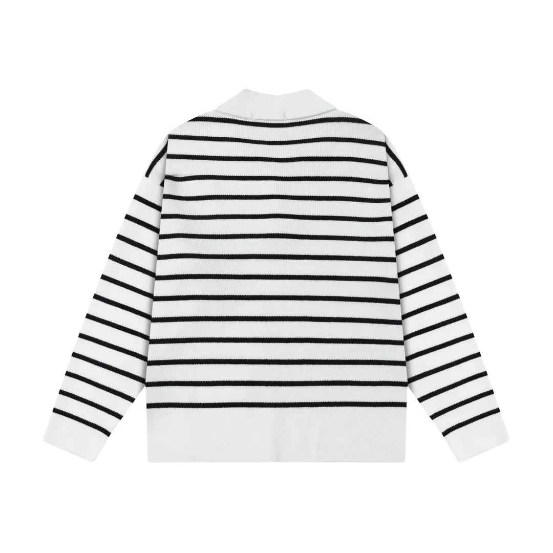 8181# Ami Paris 2024 autumn and winter new designer ami letter embroidered striped knitted lapel wool POLO collar pullover sweater for men and women. Color: White Size S-XL