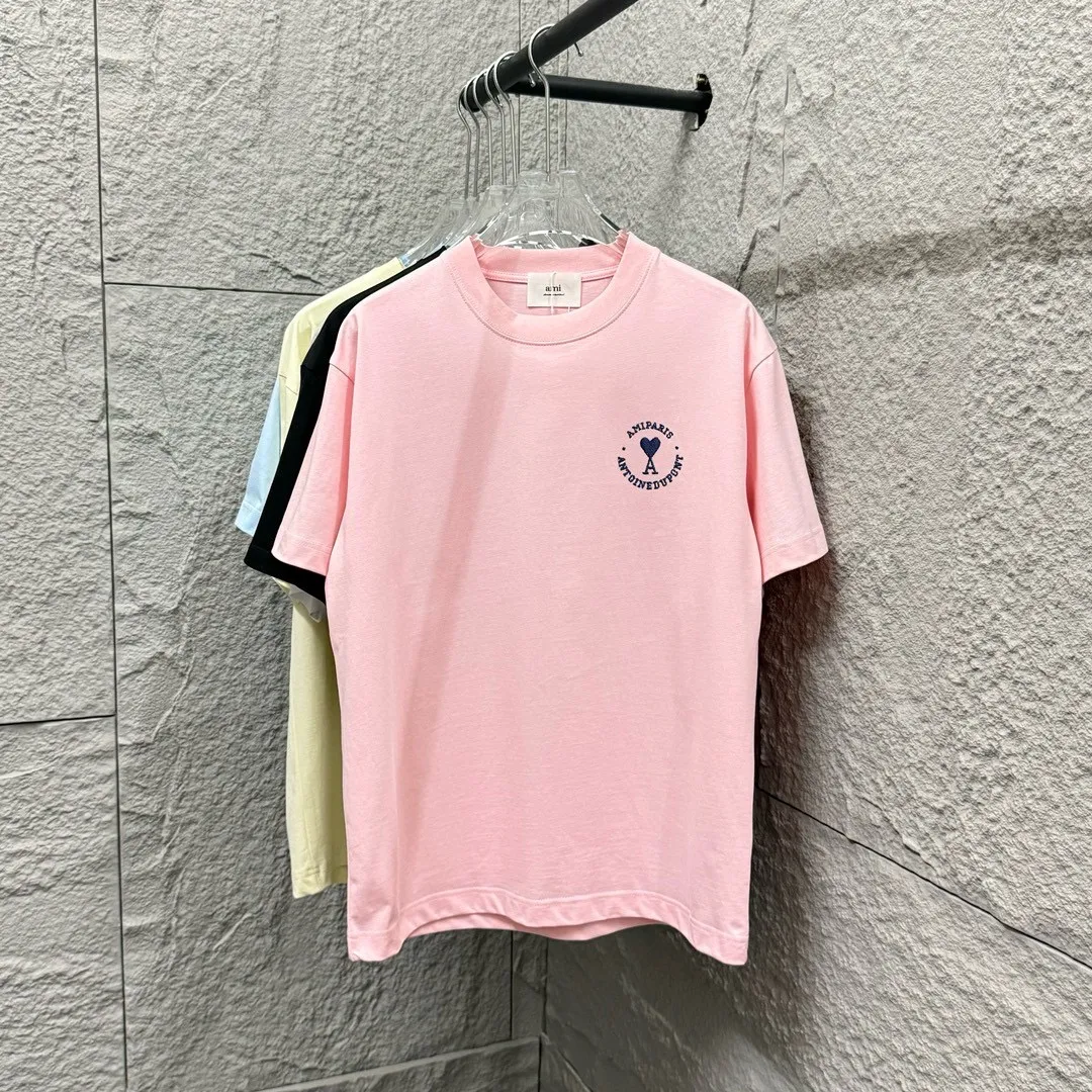 🅿️180 Ami* 2025 Spring and Summer New Style Embroidered Circle Little Love Customized Double Yarn Plain Cotton Fabric Short Sleeve T-shirt Unisex Color: Black White Light Blue Light Pink Size: S (90-130 catties) M (120-150 catties) L (140-165 catties) XL (160-180 catties) XXL (180-210 pounds)