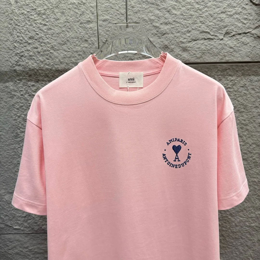 🅿️180 Ami* 2025 Spring and Summer New Style Embroidered Circle Little Love Customized Double Yarn Plain Cotton Fabric Short Sleeve T-shirt Unisex Color: Black White Light Blue Light Pink Size: S (90-130 catties) M (120-150 catties) L (140-165 catties) XL (160-180 catties) XXL (180-210 pounds)