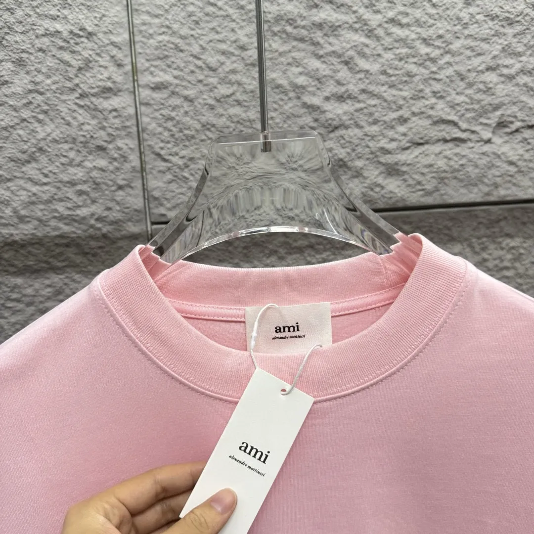 🅿️180 Ami* 2025 Spring and Summer New Style Embroidered Circle Little Love Customized Double Yarn Plain Cotton Fabric Short Sleeve T-shirt Unisex Color: Black White Light Blue Light Pink Size: S (90-130 catties) M (120-150 catties) L (140-165 catties) XL (160-180 catties) XXL (180-210 pounds)
