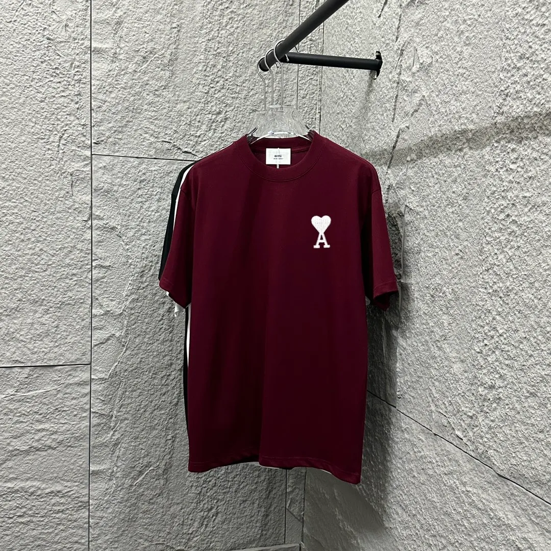 🅿️180 Ami* 2025 spring and summer new short-sleeved T-shirt, simple and classic embroidery with big love details, customized double yarn plain cotton fabric, same style for men and women. Color: black white Angora red Size: S (90-130 catties) M (120-150 catties) L (140-165 catties) XL (160-180 catties) XXL (180-210 pounds)