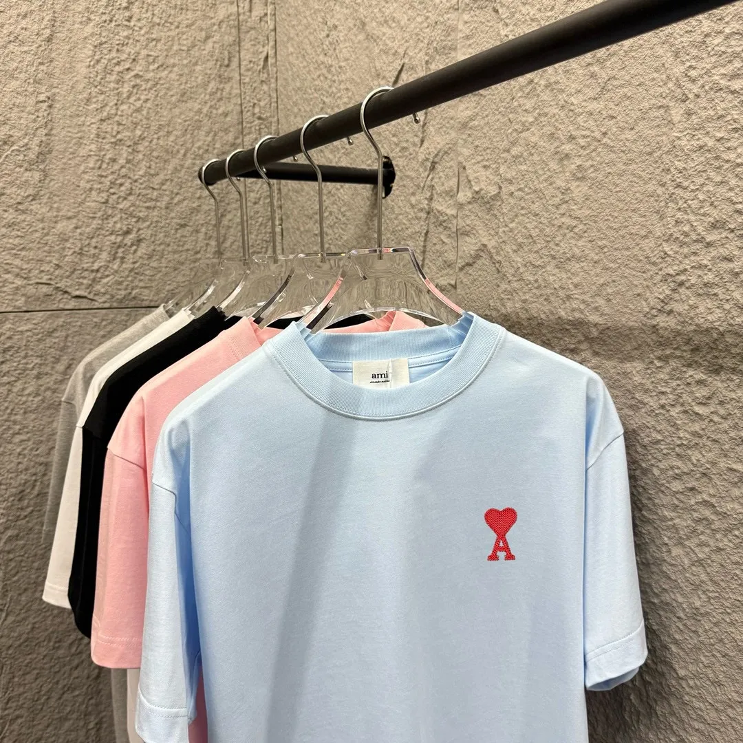 🅿️180 Ami* 2025 spring and summer new style Embroidered red love Customized double yarn plain cotton fabric Short-sleeved T-shirt Uniform for men and women Color: black white light blue light pink Size: S (90-130 pounds) M (120-150 pounds) L (140-165 pounds) XL (160-180 pounds) XXL (180-210 pounds)
