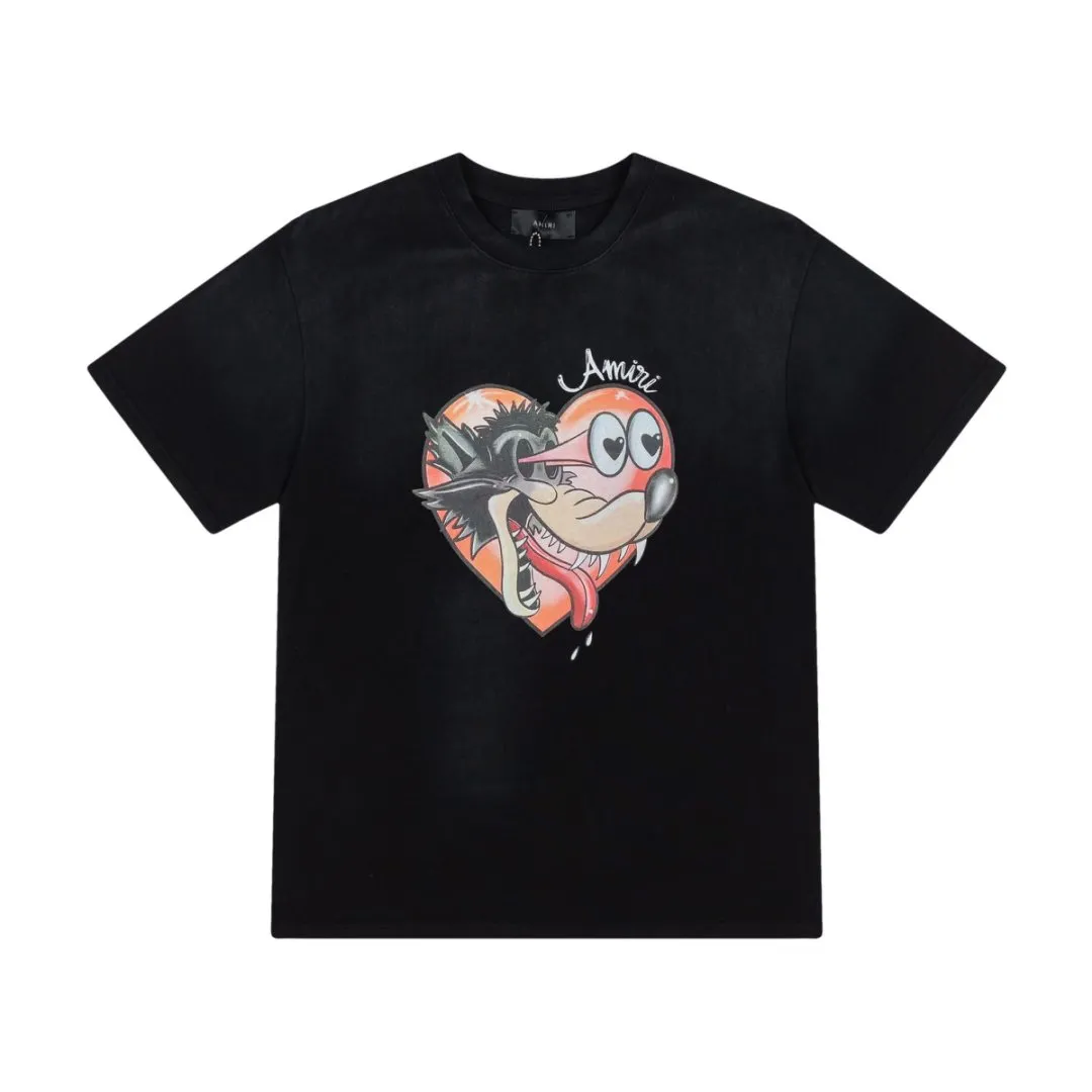 8035#P170, AMIRI cartoon logo, digital direct printing printed washed loose version of T-shirt, made of 300g heavy fabric, color: black, white, size: S M L XL