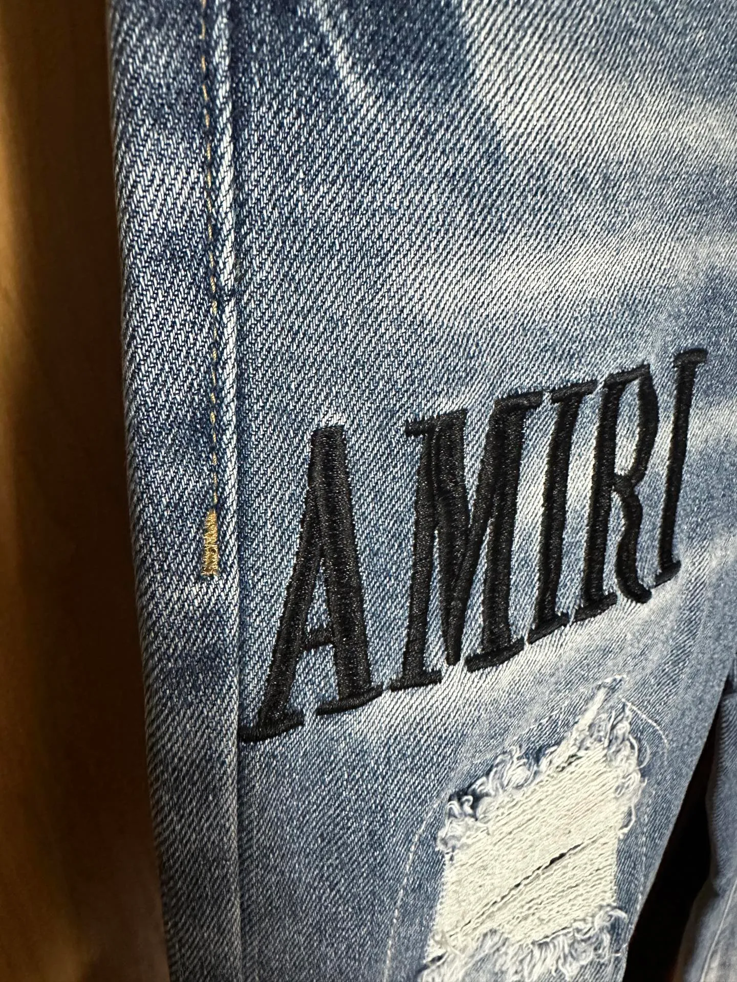 P210 💰 AMIRI's new washed and distressed destroyed coconut tree letter LOGO embroidered high street small-leg narrow-leg jeans Color: Dark Blue Size: S M L xL