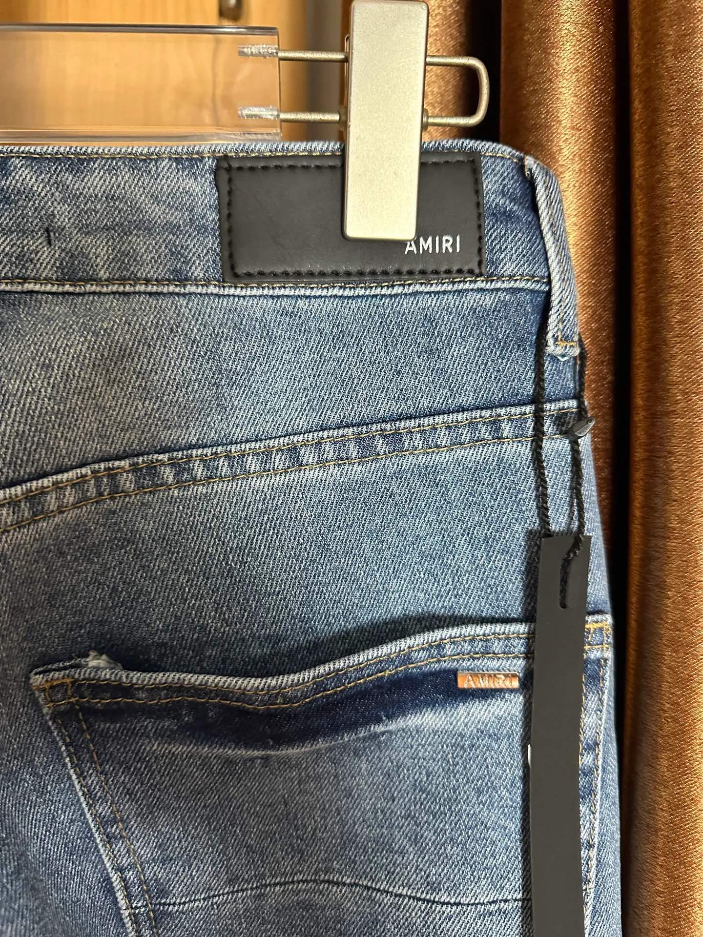 P210 💰 AMIRI's new washed and distressed destroyed coconut tree letter LOGO embroidered high street small-leg narrow-leg jeans Color: Dark Blue Size: S M L xL