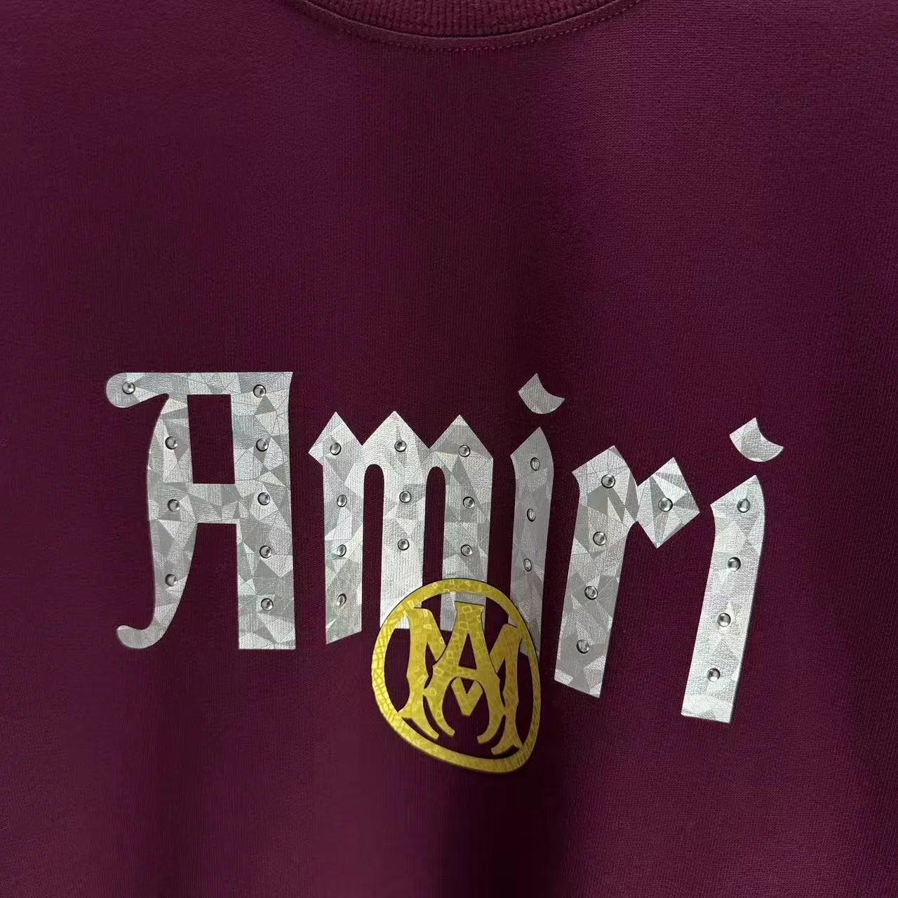 P210 AMIRI* 2025 autumn and winter new round neck sweatshirt 400g terry cotton letter logo three-dimensional thick plate glue ➕ metal diamond Color: Black White Gray Purple Size: S M L XL XXL