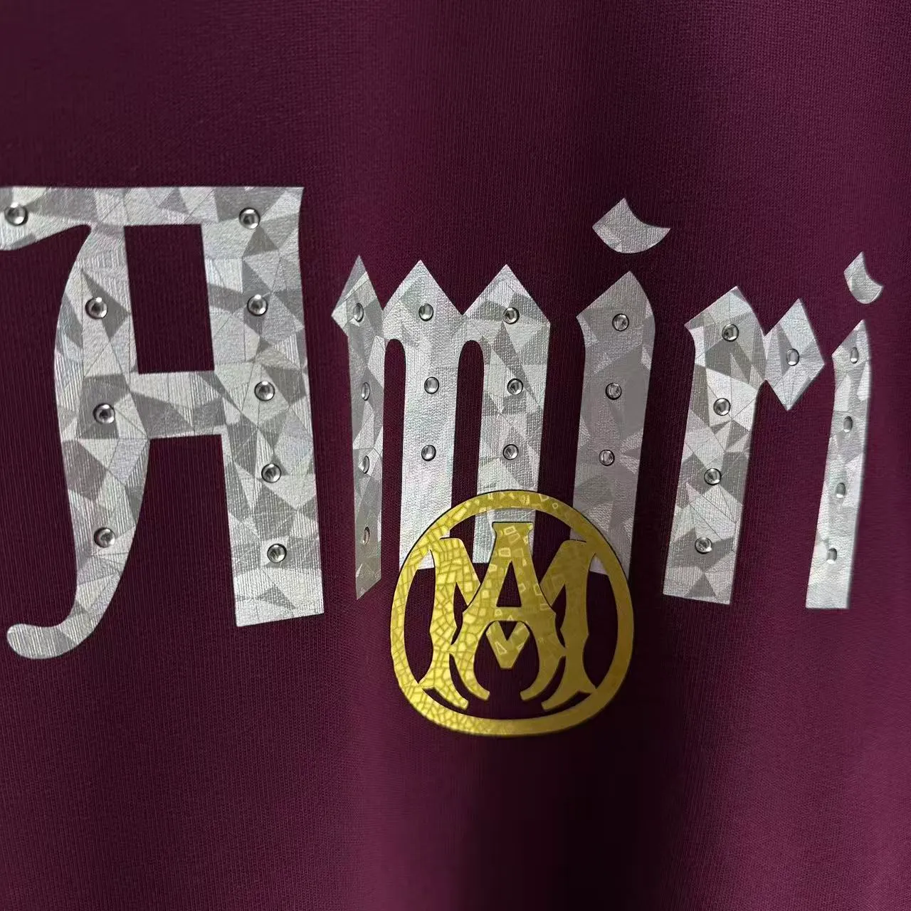 P210 AMIRI* 2025 autumn and winter new round neck sweatshirt 400g terry cotton letter logo three-dimensional thick plate glue ➕ metal diamond Color: Black White Gray Purple Size: S M L XL XXL