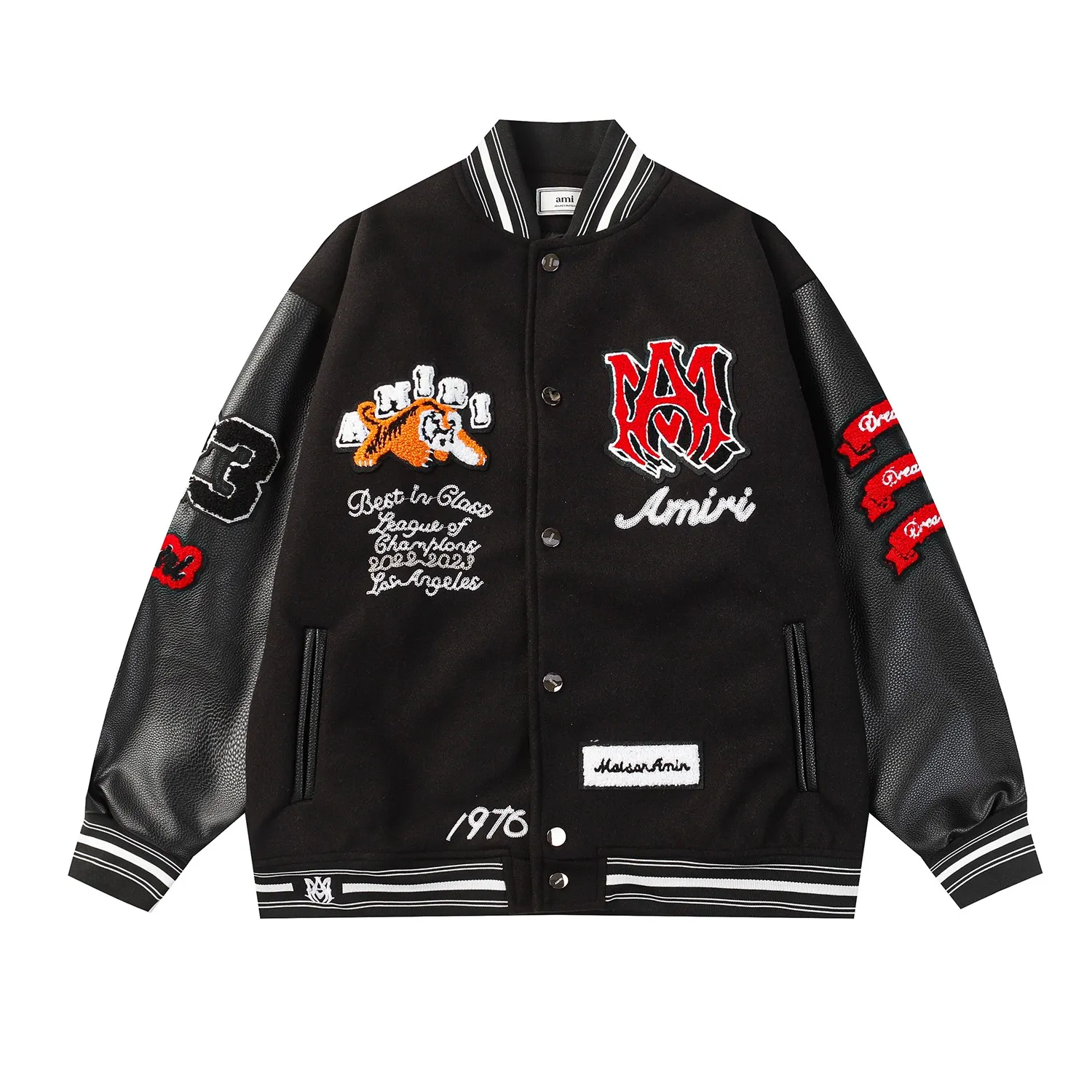 P400 model number 666 AMIRI's new baseball jacket with tiger towel embroidery and thousands of stitches embroidery, high weight dragon and phoenix nylon fabric with pebbled leather sleeves, heavy industry hardware restored one to one M L XL XXL