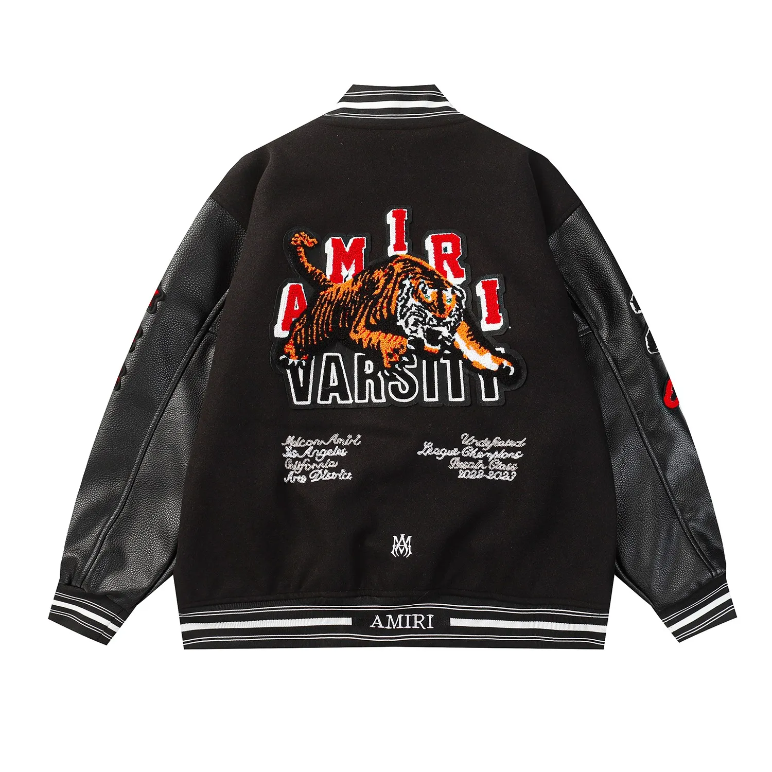 P400 model number 666 AMIRI's new baseball jacket with tiger towel embroidery and thousands of stitches embroidery, high weight dragon and phoenix nylon fabric with pebbled leather sleeves, heavy industry hardware restored one to one M L XL XXL