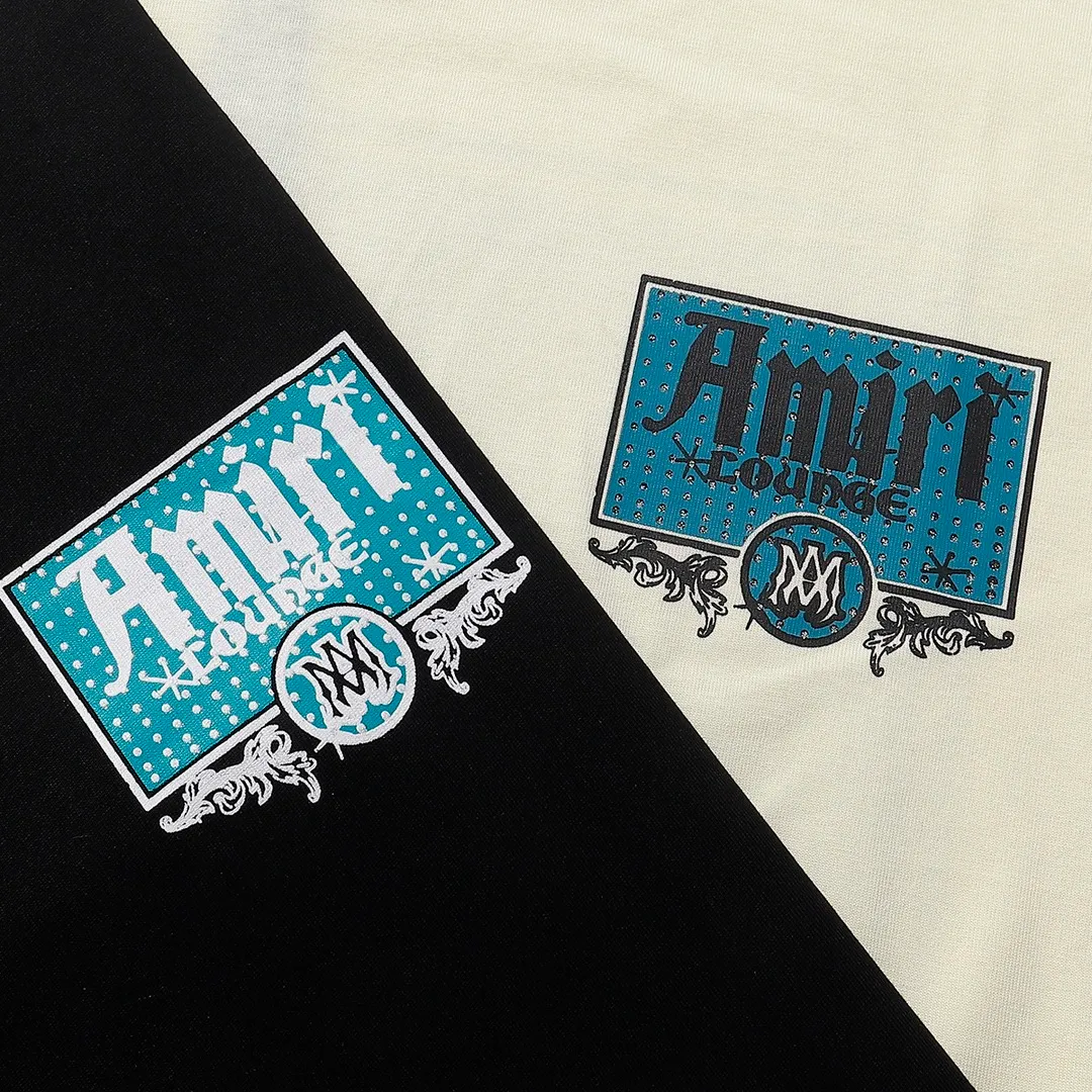 P138 Fabric: 260g double yarn AMIRI 2025 spring and summer new logo round neck T-shirt high street same style for men and women loose classic letter printed short sleeves Color: black. Apricot Size: S M L XL