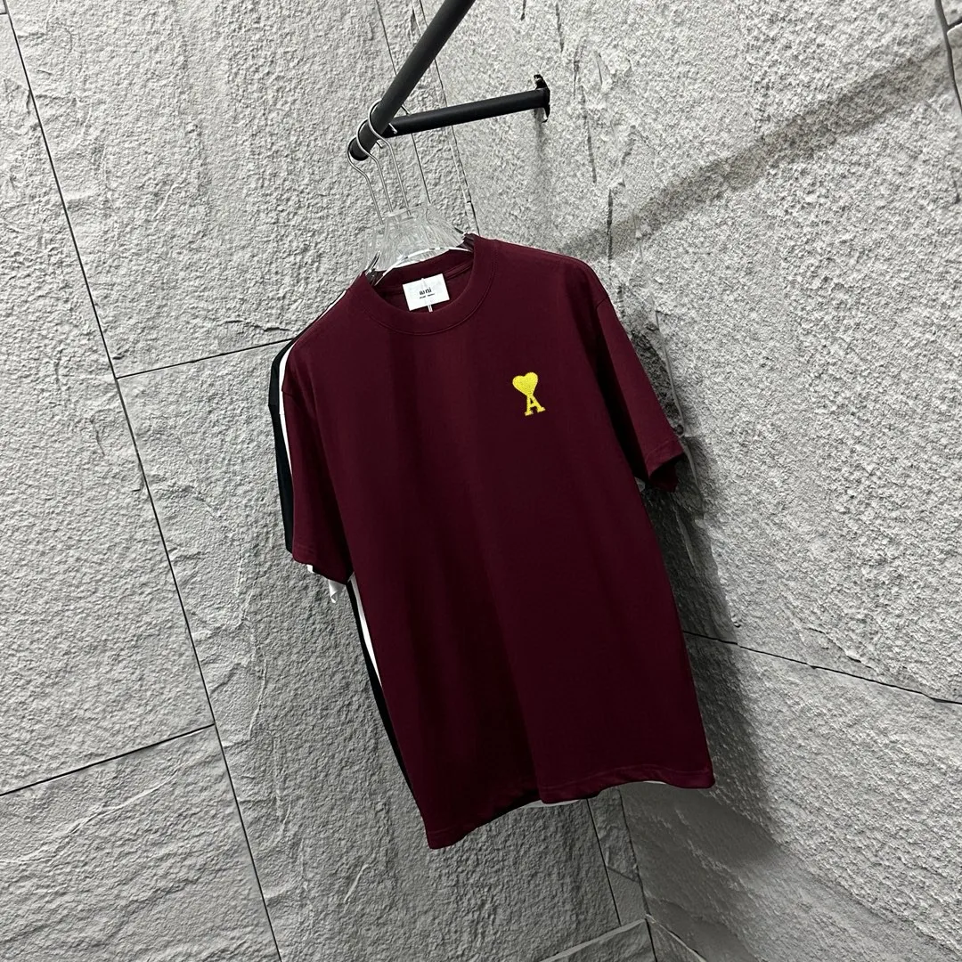🅿️180 Ami* 2025 Spring and Summer New Style Embroidered yellow little love Customized double yarn plain cotton fabric Short-sleeved T-shirt Uniform for men and women Color: Black White Floral Gray Angora Red Size: S (90-130 catties) M (120-150 catties) L (140-165 catties) XL (160-180 catties) XXL (180-210 pounds)