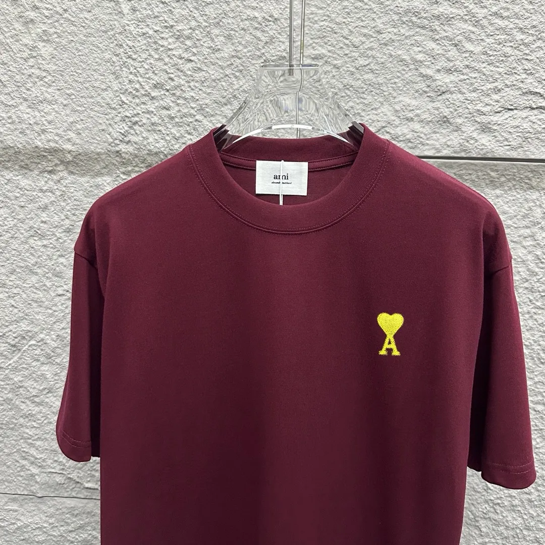 🅿️180 Ami* 2025 Spring and Summer New Style Embroidered yellow little love Customized double yarn plain cotton fabric Short-sleeved T-shirt Uniform for men and women Color: Black White Floral Gray Angora Red Size: S (90-130 catties) M (120-150 catties) L (140-165 catties) XL (160-180 catties) XXL (180-210 pounds)