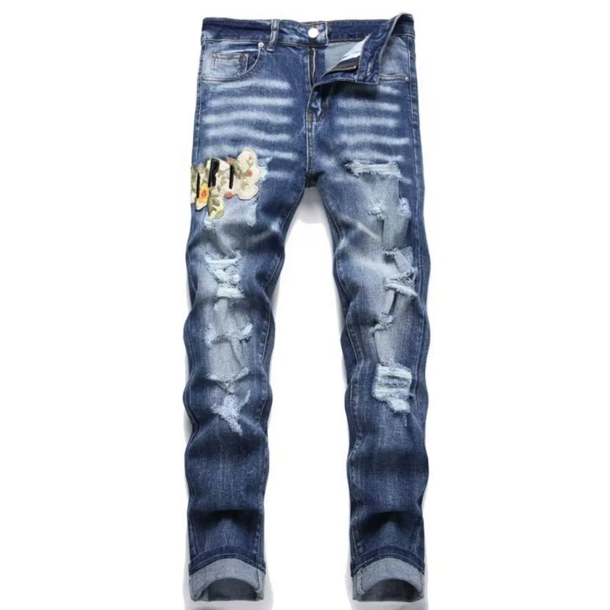 #M53 P168💰 AMIRI patch embroidery jeans trousers AMIRI high street basic ripped tight elastic jeans trousers amiri brand jeans break the production process and cutting of the original jeans, the fabrics are softer and more comfortable Hand-sewn collar label Customized logo buttons Genuine leather tag Color: Picture color Size: 30-32-34-36