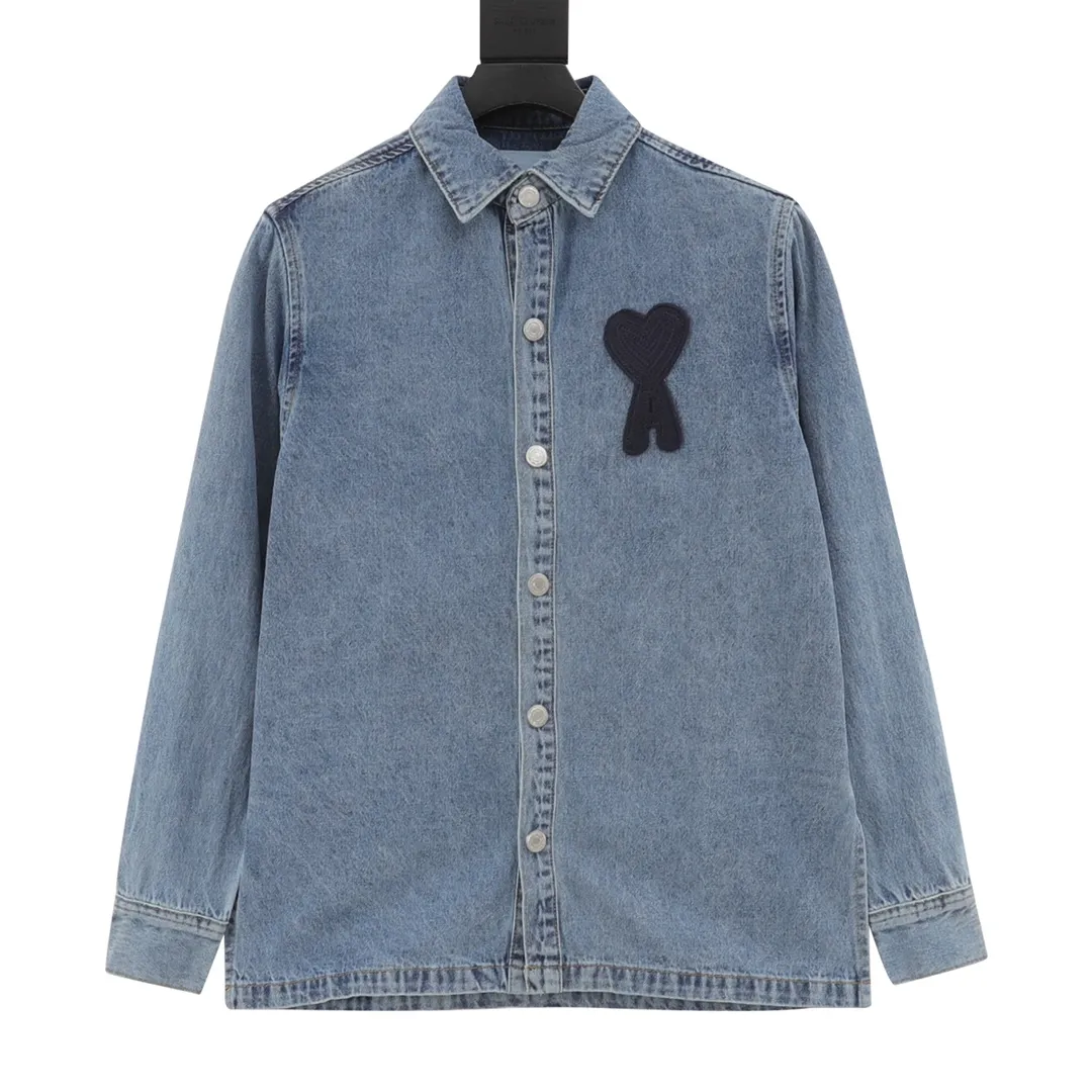 🅿️540 AMI PARIS 25 new autumn and winter woven love embroidered long-sleeved denim loose casual lapel jacket, buttons decorated with LOGO YP, can be worn by men and women, dropped shoulder length, color: apricot, apricot red heart, denim basket size: S-XL