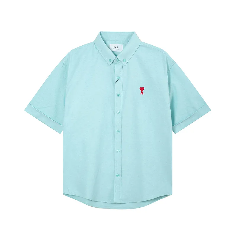 AMI Paris classic autumn red small heart embroidery on the chest, casual cotton solid color short-sleeved Oxford shirt, original custom-made 180g pure cotton fabric, loose off-shoulder version, same style for men and women. Color: brown, Baolan Tianlan, green, yellow, gray, white, pink, size: S-XL