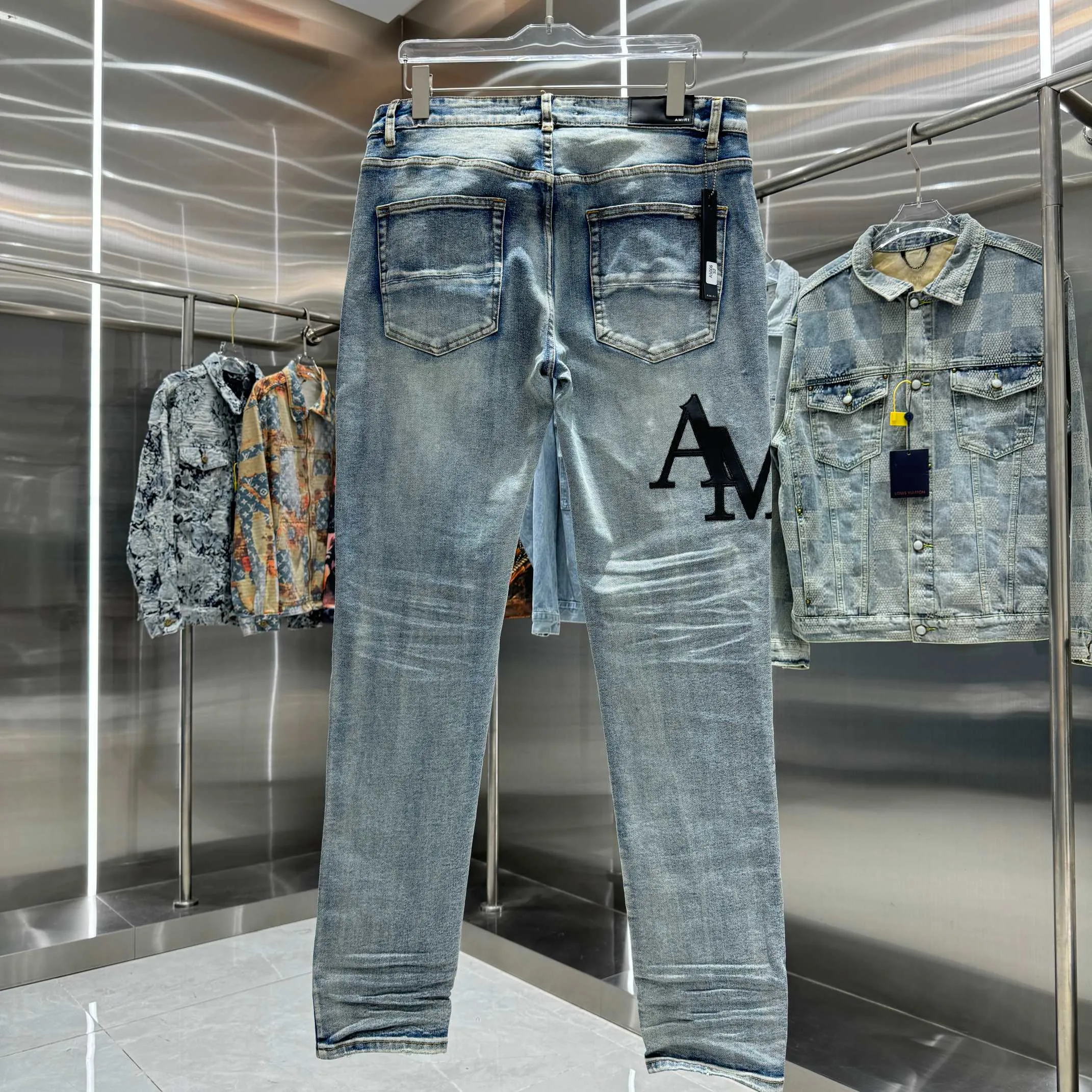 P290 Amiri letter leather label embroidered street fashion slim fit stretch jeans Color Blue Size 30 32 34 36 38