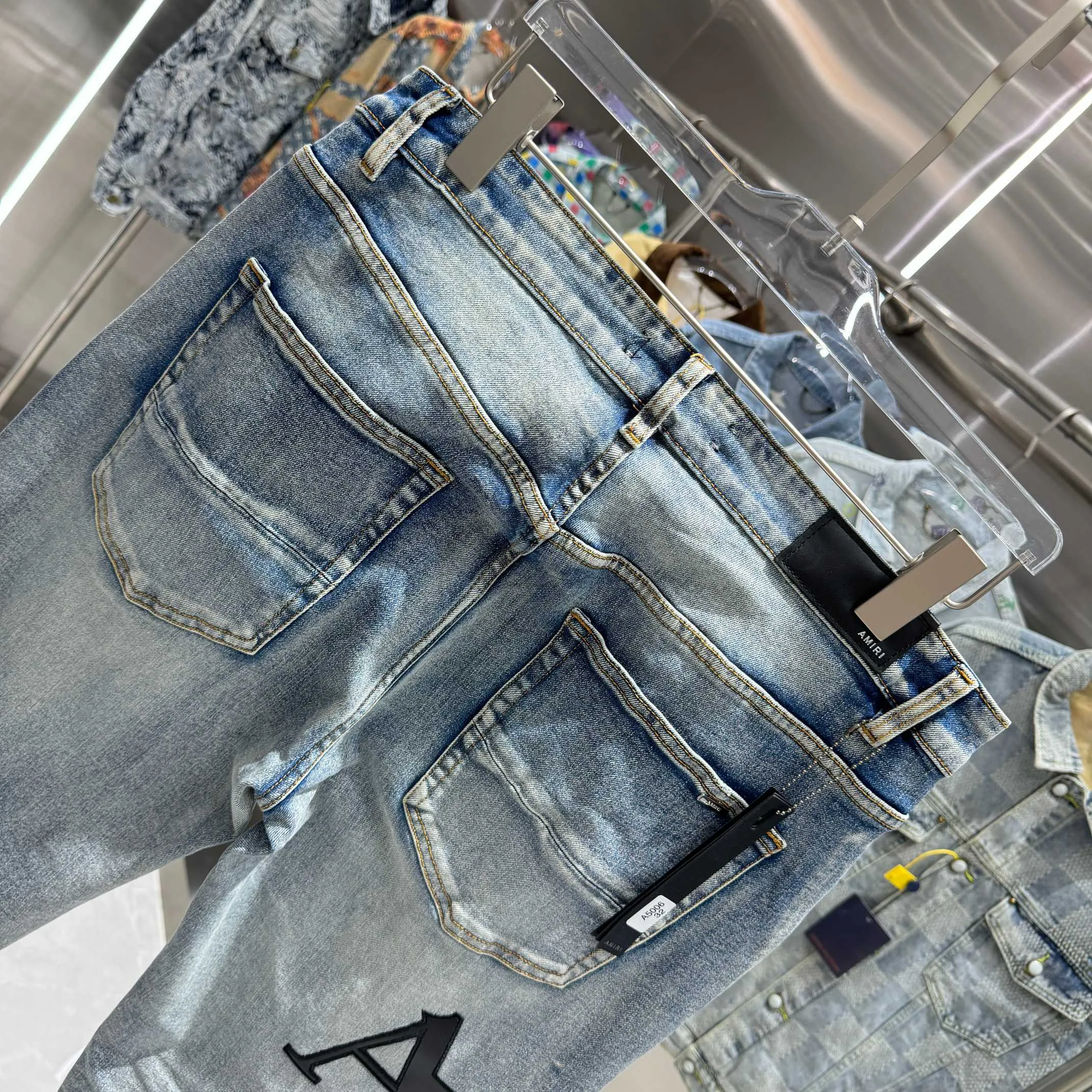 P290 Amiri letter leather label embroidered street fashion slim fit stretch jeans Color Blue Size 30 32 34 36 38
