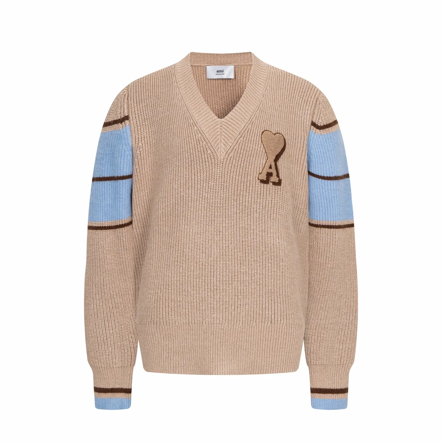 🅿️560 [Exclusive supply] Ami love towel embroidered contrasting color V-neck sweater (camel). The original version was purchased for 2,595 and developed. The fabric is made of alpaca wool to maintain a stable shape. The stitching is even and firm, and the details are meticulously handled, reflecting the brand's strict control over quality. The overall design is simple and elegant, suitable for various occasions. Whether it is business or leisure, it can show an elegant and decent style. The overall wiring is straight and delicate, the fabric is comfortable and soft, and the color is consistent without color difference. It can be matched with the same style to create a fashionable look, and can be used in various occasions. Customized accessories, complete with three standards, the same style for men and women. Size:S-M-L-XL