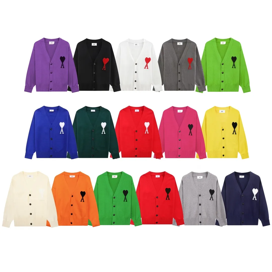 A5# Ami Paris 21 Love Series Big Love Sweater Love A Letter Red Heart Cardigan V-neck Wool Sweater Loose Jacket for Men and Women Color: Black White Gray Colorful Blue Royal Blue Red Dark Green Fluorescent Grass Green Yellow Gray Black Heart Red Black Heart Rose Red Yellow Orange 15 Colors Size: S-XL