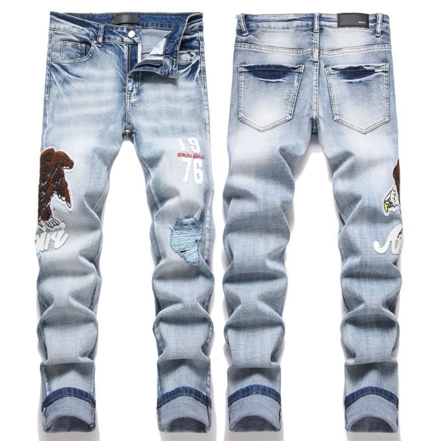 P168 💰 AMIRI patch embroidery jeans trousers AMIRI high street basic ripped tight elastic jeans trousers amiri brand jeans break the production process and cutting of the original jeans, the fabrics are softer and more comfortable Hand-sewn collar label Customized logo buttons Genuine leather tag Color: Picture color Size: 30-32-34-36
