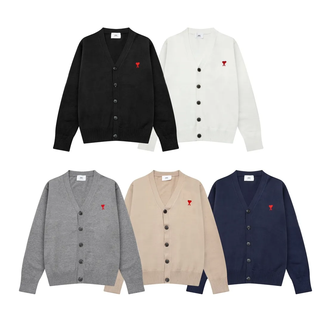 A8166# Ami Paris 2024 autumn and winter new small love embroidered cardigan V-neck wool 12-needle sweater thin sweater for men and women Color: black white gray Baolan apricot Size: S-XL