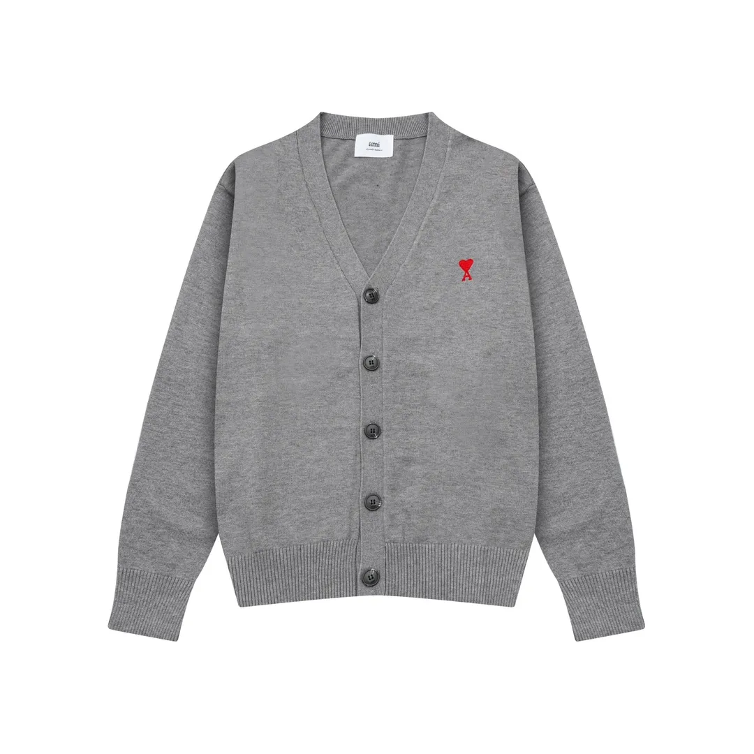 A8166# Ami Paris 2024 autumn and winter new small love embroidered cardigan V-neck wool 12-needle sweater thin sweater for men and women Color: black white gray Baolan apricot Size: S-XL