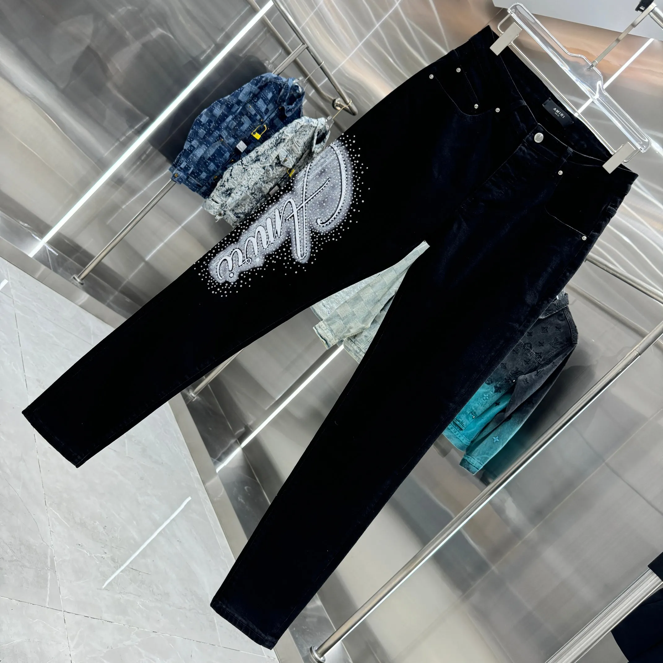 P280 Amiri hot diamond lettering craft street fashion slim fit stretch jeans Color Black Size 30 32 34 36 38