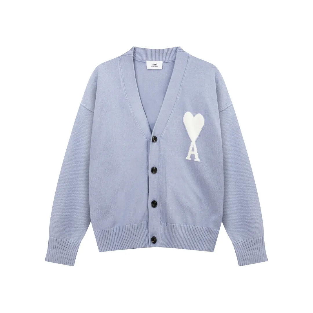8158# Ami Paris 2024 autumn and winter new products, new colors, big heart jacquard, patchwork reverse sleeve technology, cardigan wool sweater, lazy style, same style for men and women, Oversize Color: sky blue, bean green, apricot Code number: S-XL