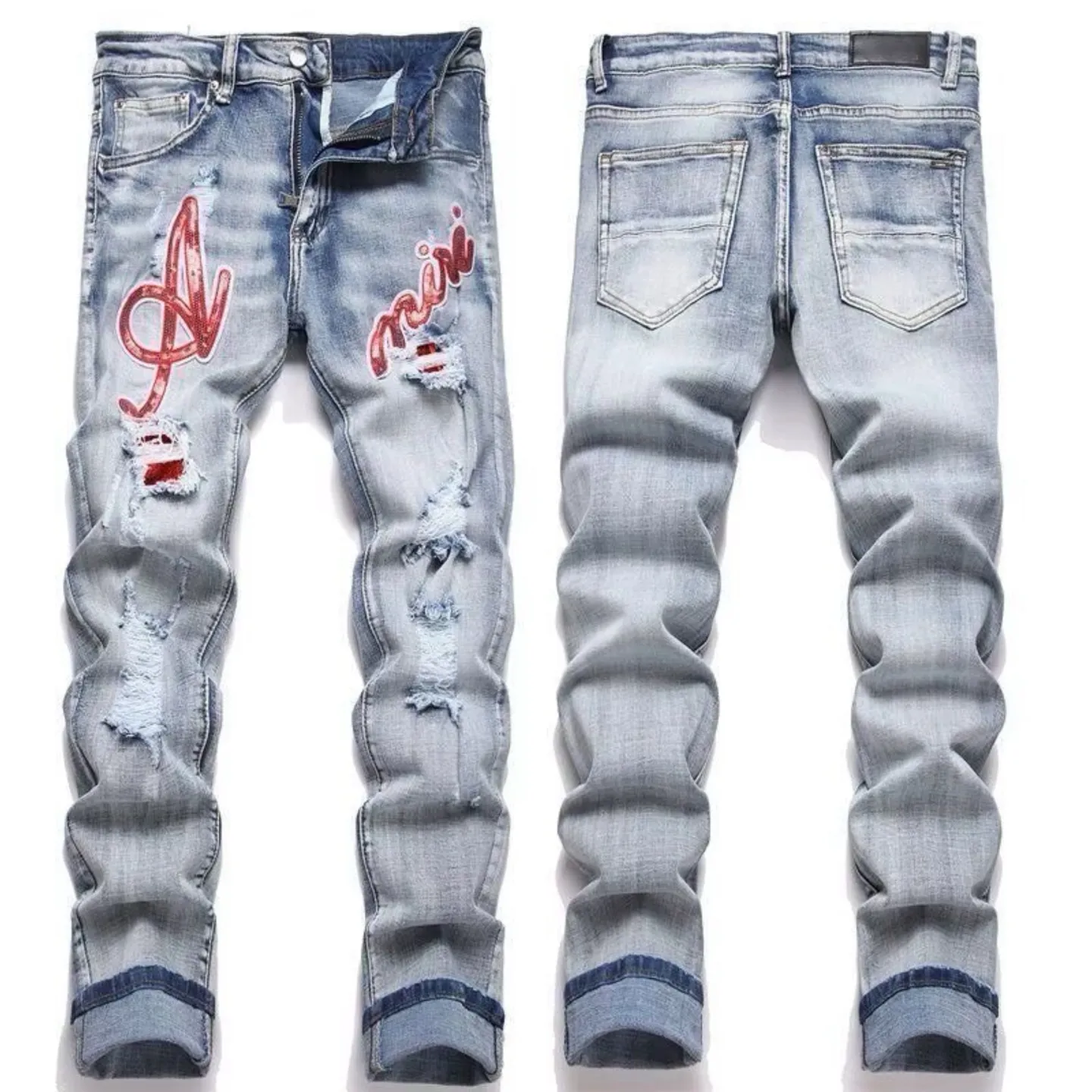P186 💰 AMIRI patch embroidery jeans trousers AMIRI high street basic ripped tight elastic jeans trousers amiri brand jeans break the production process and cutting of the original jeans, the fabrics are softer and more comfortable Hand-sewn collar label Customized logo buttons Genuine leather tag Color: Picture color Size: 30-32-34-36