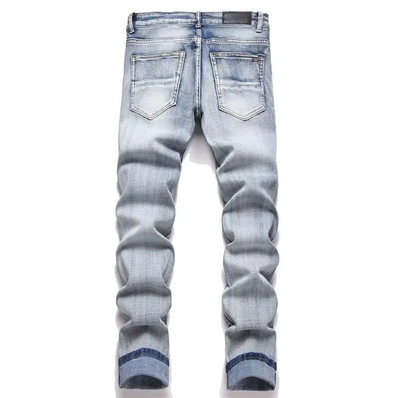 P186 💰 AMIRI patch embroidery jeans trousers AMIRI high street basic ripped tight elastic jeans trousers amiri brand jeans break the production process and cutting of the original jeans, the fabrics are softer and more comfortable Hand-sewn collar label Customized logo buttons Genuine leather tag Color: Picture color Size: 30-32-34-36