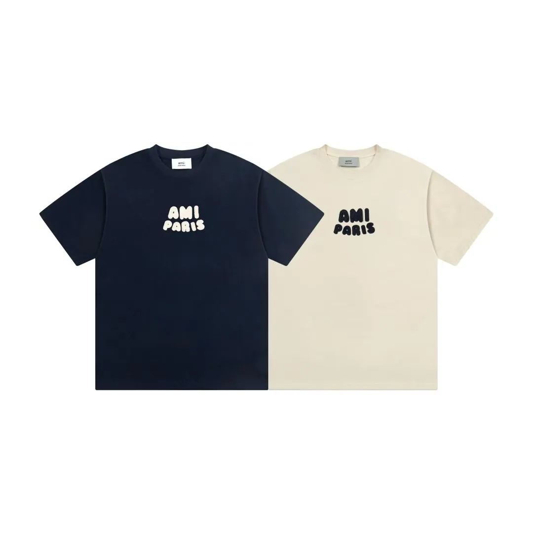 AMI PARIS 25SS early spring new product crochet letter knitting micro label short-sleeved T-shirt customized 230g double yarn pure cotton fabric matching 280G rib YP replica new main wheat washable wheat QR code can be scanned same style for men and women Color: Baolan Apricot Code Number: S-XL