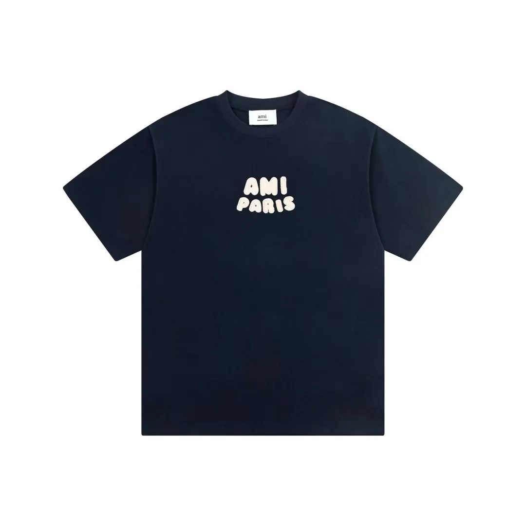 AMI PARIS 25SS early spring new product crochet letter knitting micro label short-sleeved T-shirt customized 230g double yarn pure cotton fabric matching 280G rib YP replica new main wheat washable wheat QR code can be scanned same style for men and women Color: Baolan Apricot Code Number: S-XL