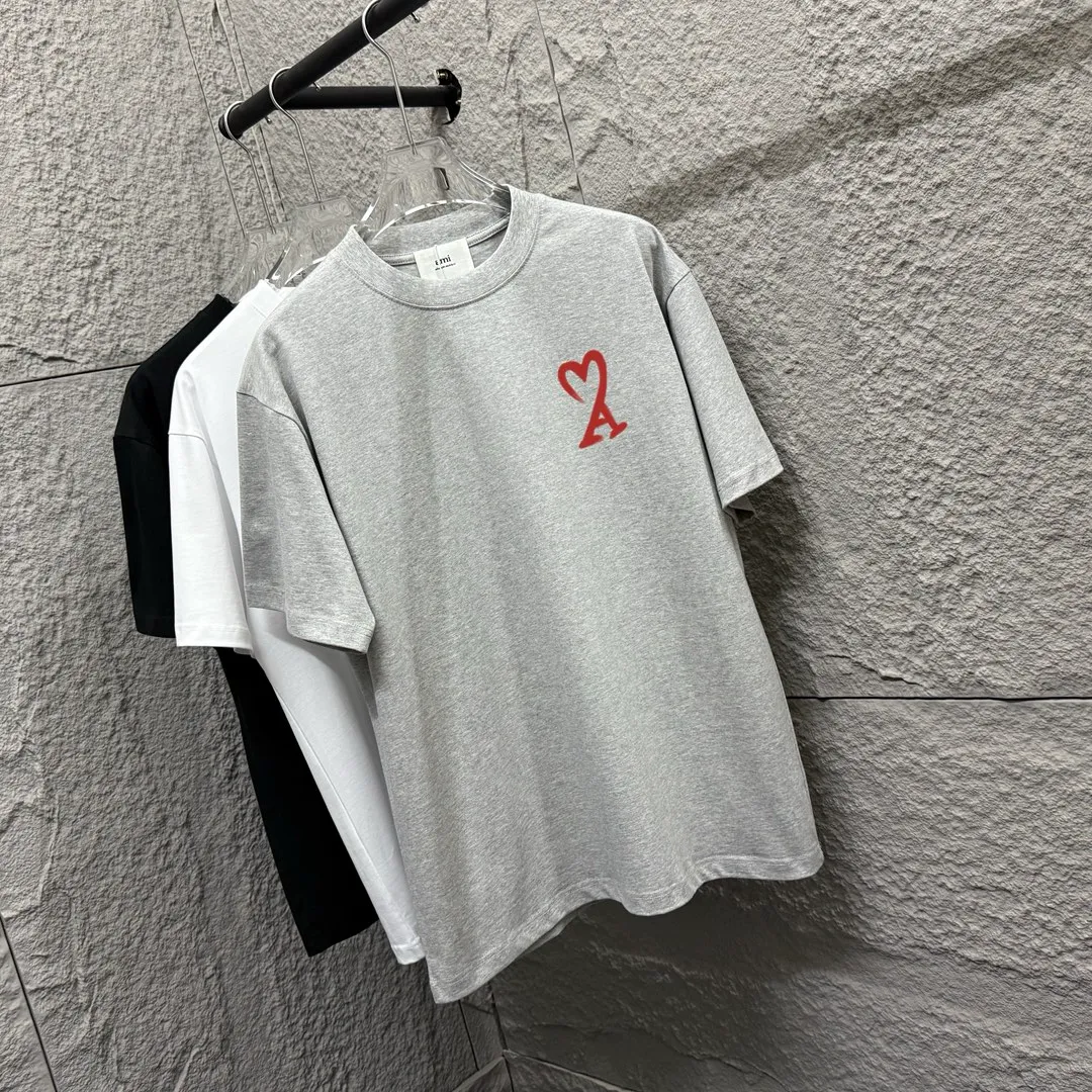 🅿️180 Ami* 2025 spring and summer new Ami rainbow love print Customized double yarn plain cotton fabric Short-sleeved T-shirt Unisex Color: Black White Floral Gray Angora Red Size: S (90-130 catties) M (120-150 catties) L (140-165 catties) XL (160-180 catties) XXL (180-210 pounds)
