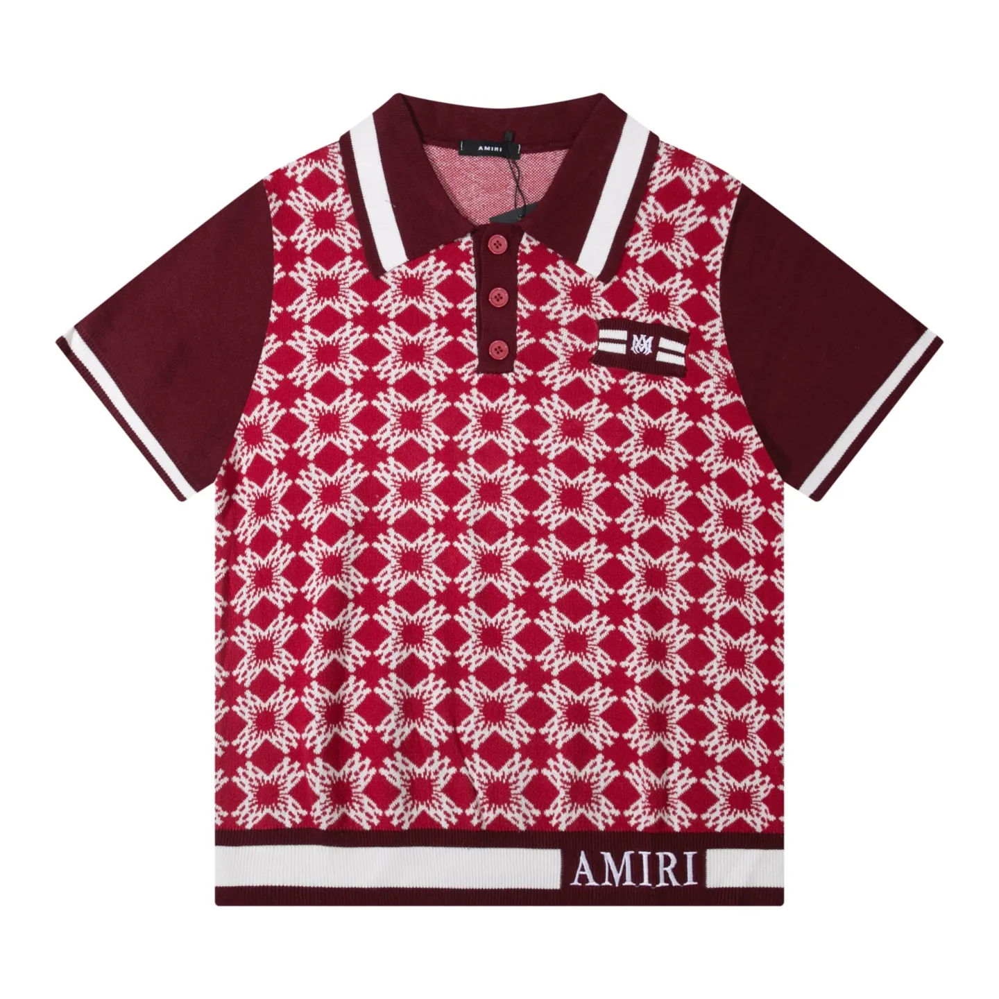 P280 AMIRI spliced ​​jacquard polo embroidered knitted T-shirt short sleeves Color: blue red Size: M L XL XXL