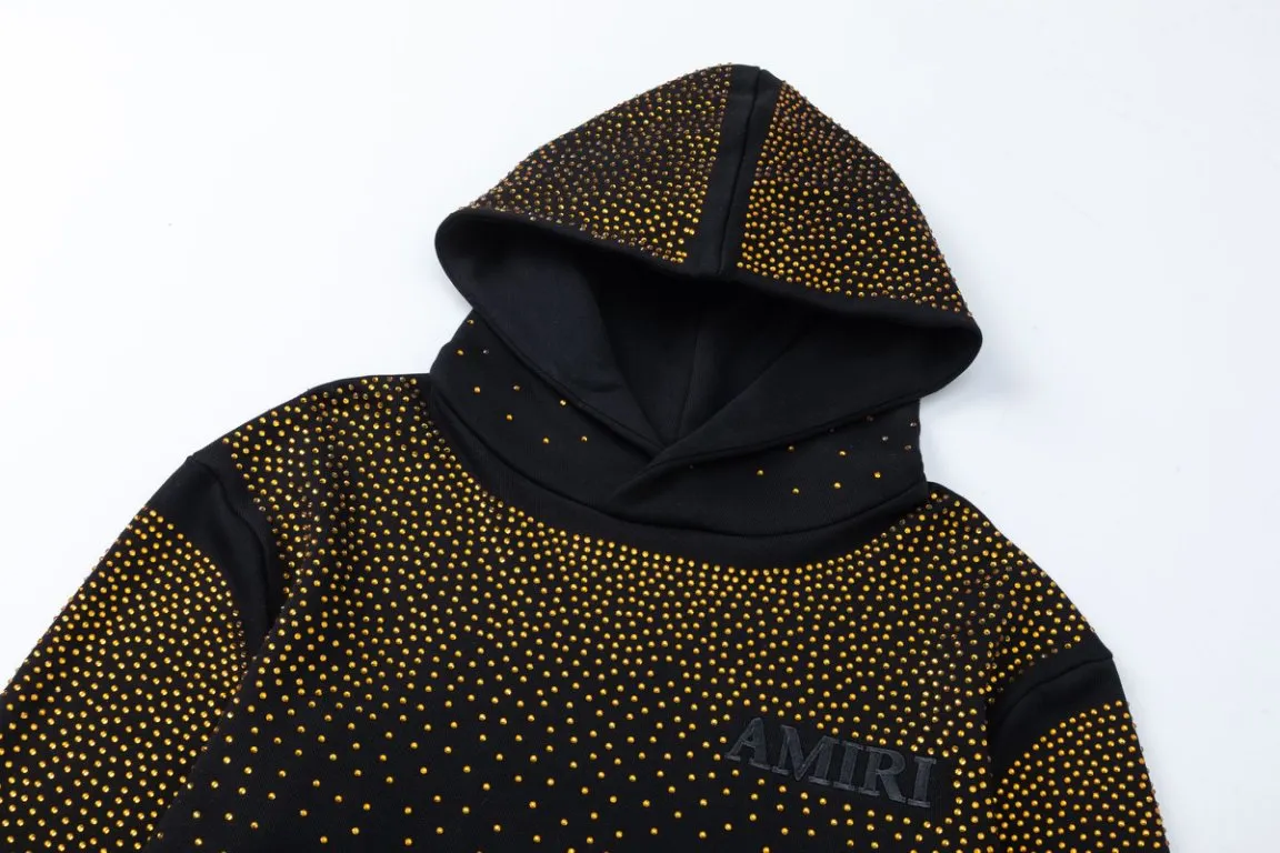7205#P376, AMIRI Gypsophila Heavy Industry Hot Diamond Drop Shoulder Hooded Sweatshirt, Color: Black, Size: S M L XL