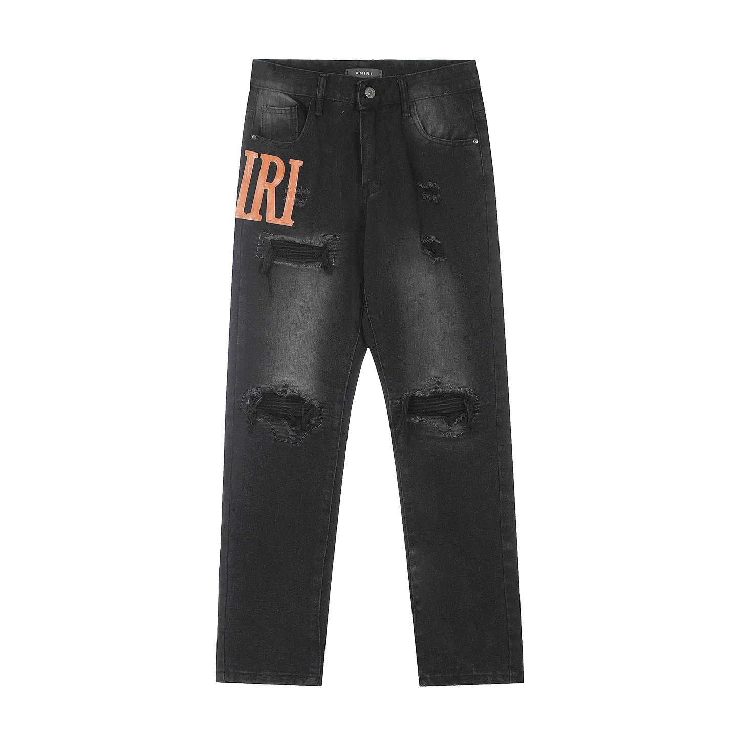 #M24 P168💰 Amiri classic letter embroidery ripped washed small-foot jeans Slim-fitting small-foot jeans Produced by a major washed factory Full of high-end sense Partial destruction of the knees with leather design Already used as a facade design Leather waist nameplate The focus of this style is not on washing, but on the shape and version of the destruction The secret lies in the craftsmanship of the master. The cost of post-processing, grinding, cutting, etc. is far beyond the cost of assembly line products. Color: Picture color Size: 30-32-34-36
