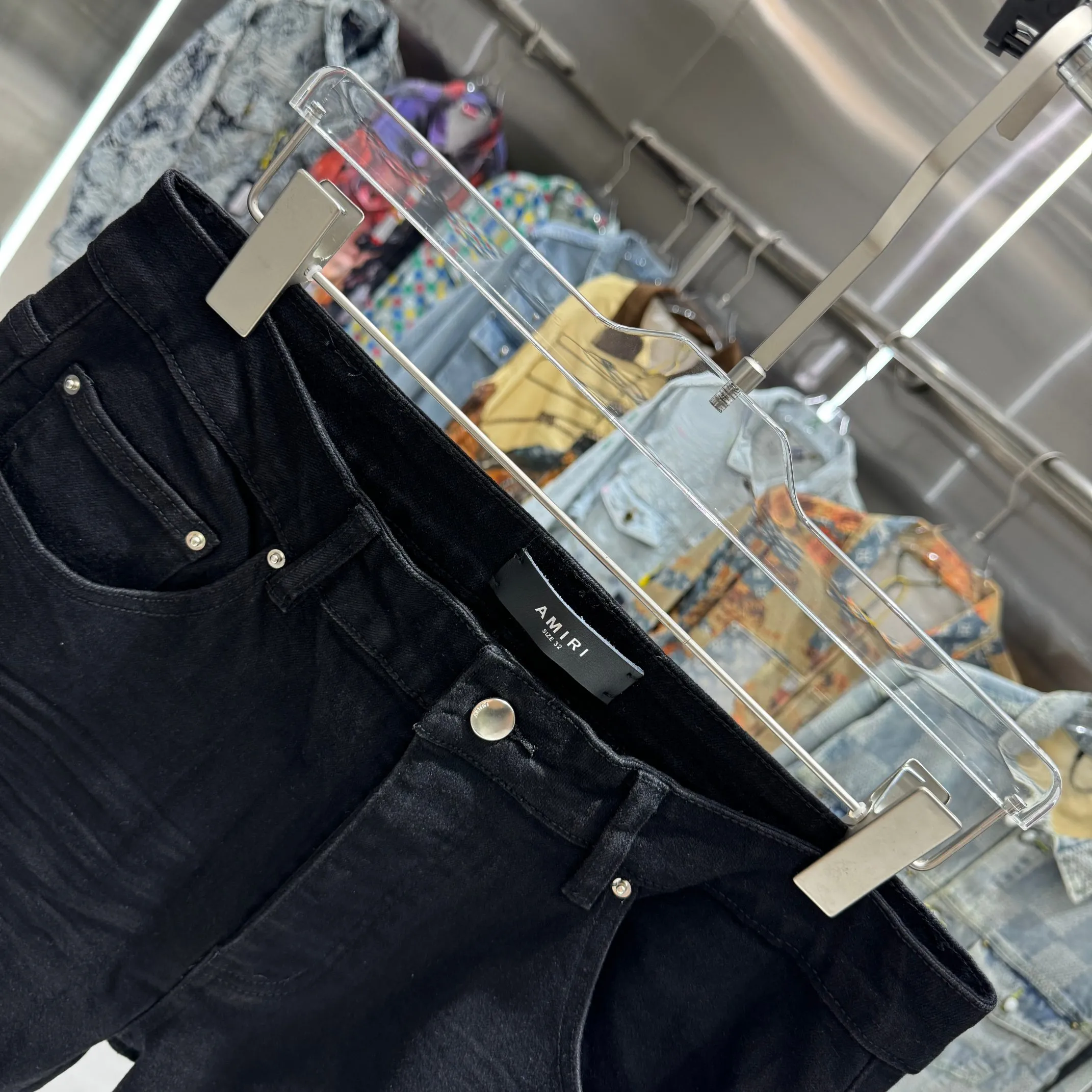 P290 Amiri ripped hole hot diamond lettering craft street fashion slim fit stretch jeans Color Black Size 30 32 34 36 38