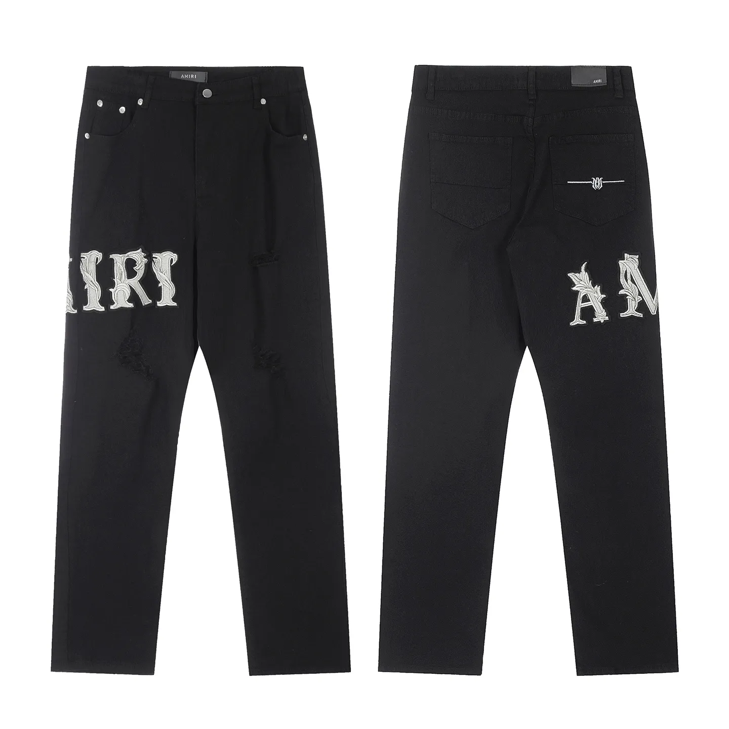 #M02 P168💰 AMIRI patch embroidery jeans trousers AMIRI high street basic ripped tight elastic jeans trousers amiri brand jeans break the production process and cutting of the original jeans, the fabrics are softer and more comfortable Hand-sewn collar label Customized logo buttons Genuine leather tag Color: black Size: 30-32-34-36