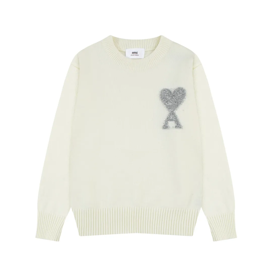 A8146# [Christmas Capsule Series] AMI Paris 2023 Autumn and Winter New Product Silver Big Heart Alpaca Blended Soft and Waxy Knitted Round Neck Sweater Oversize Version Same Style for Men and Women Color: Off-White Size: S-XL