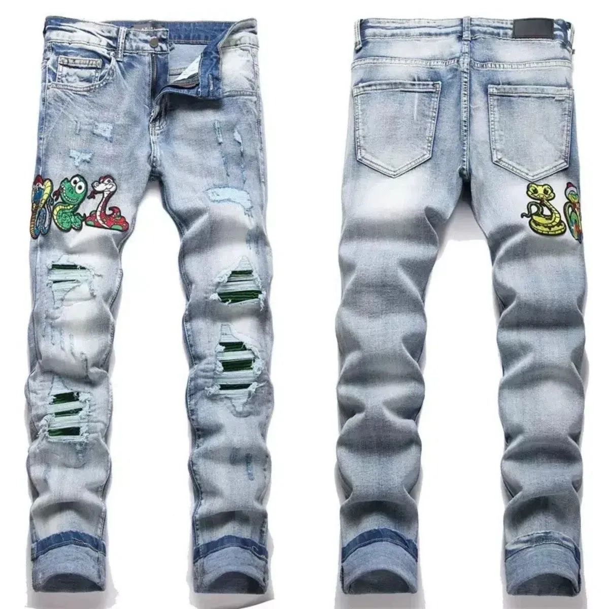 P168 💰 AMIRI patch embroidery jeans trousers AMIRI high street basic ripped tight elastic jeans trousers amiri brand jeans break the production process and cutting of the original jeans, the fabrics are softer and more comfortable Hand-sewn collar label Customized logo buttons Genuine leather tag Color: Picture color Size: 30-32-34-36
