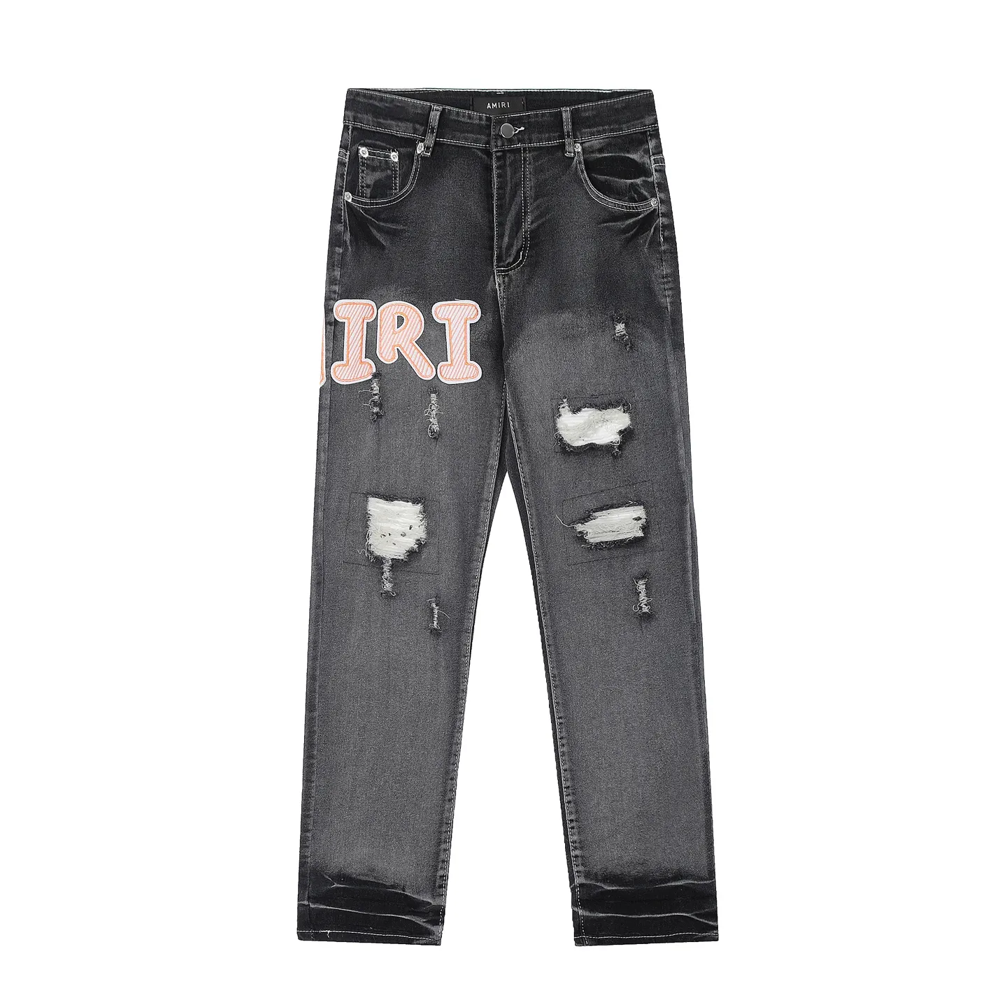 #M17 P168💰 Amiri classic embroidered patched leather distressed lettered jeans. Slim fit jeans. Produced by a major water-washed factory. Full of high-end. Partial destruction of the knees and patchwork design. Already used as a facade design. Leather waist nameplate. The focus of this style is not on the washing, but on the destroyed shape and version. The secret lies in the craftsmanship of the master. The cost of post-processing, grinding, cutting, etc. is far beyond the cost of assembly line products. Color: Picture color Size: 30-32-34-36